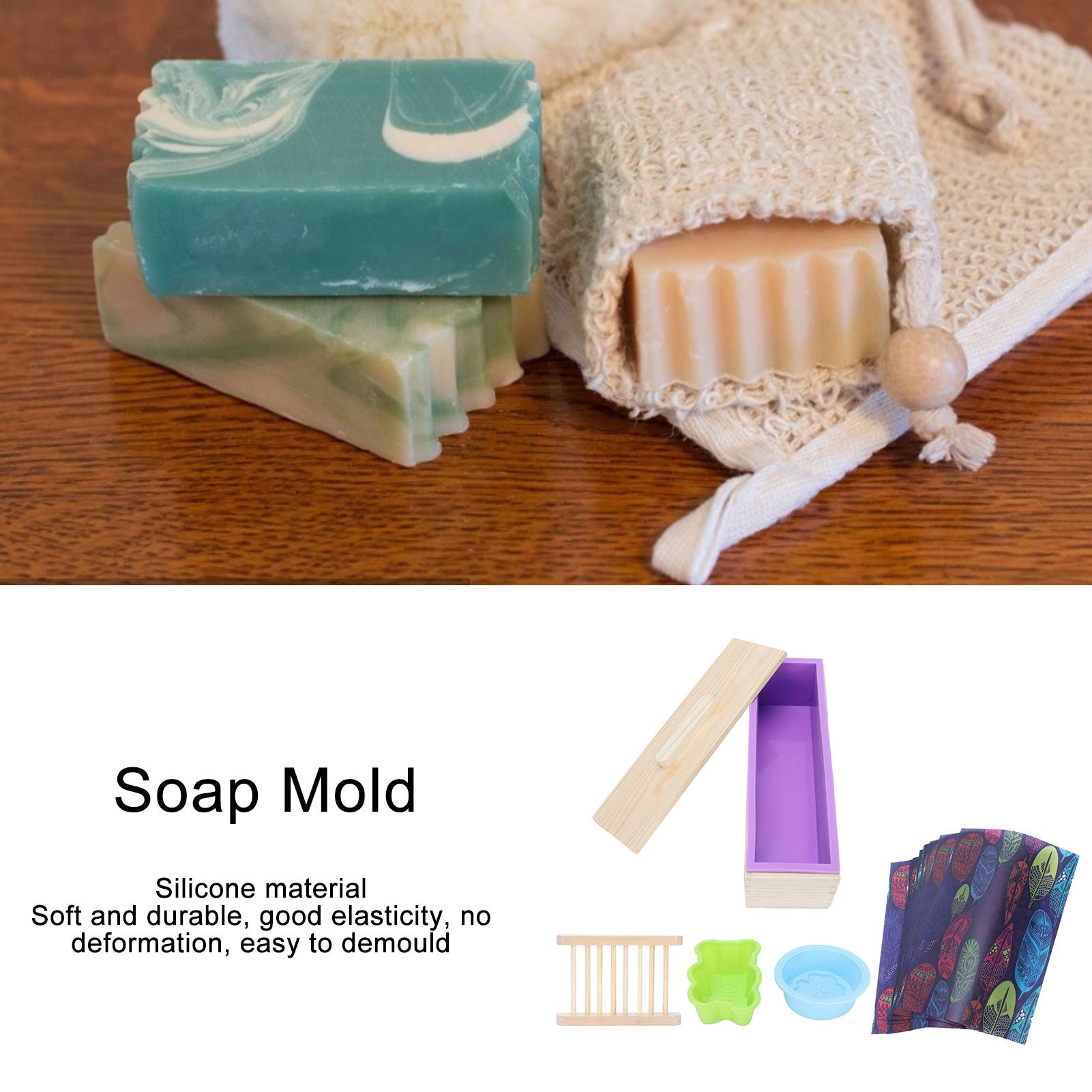 Kit de forma de jabón de silicona para bricolaje |4 en 1 con caja de madera |para (Purple)