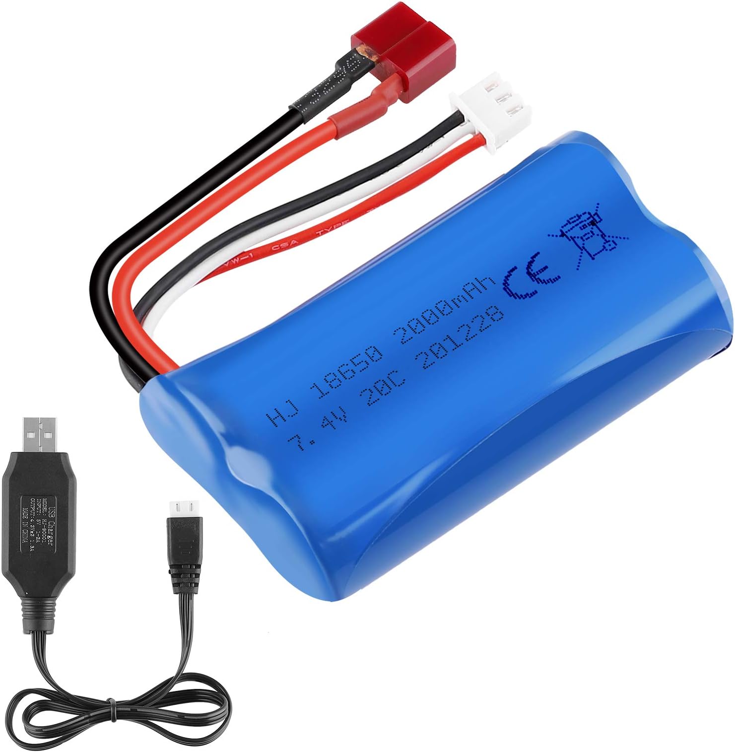 2S Li-ion Battery 7.4V 2000mAh 20C T Plug Female Connector Rechargeable Battery with USB Battery Charger for RC Car Off Road Truck Jumper T16 Transmitter etc