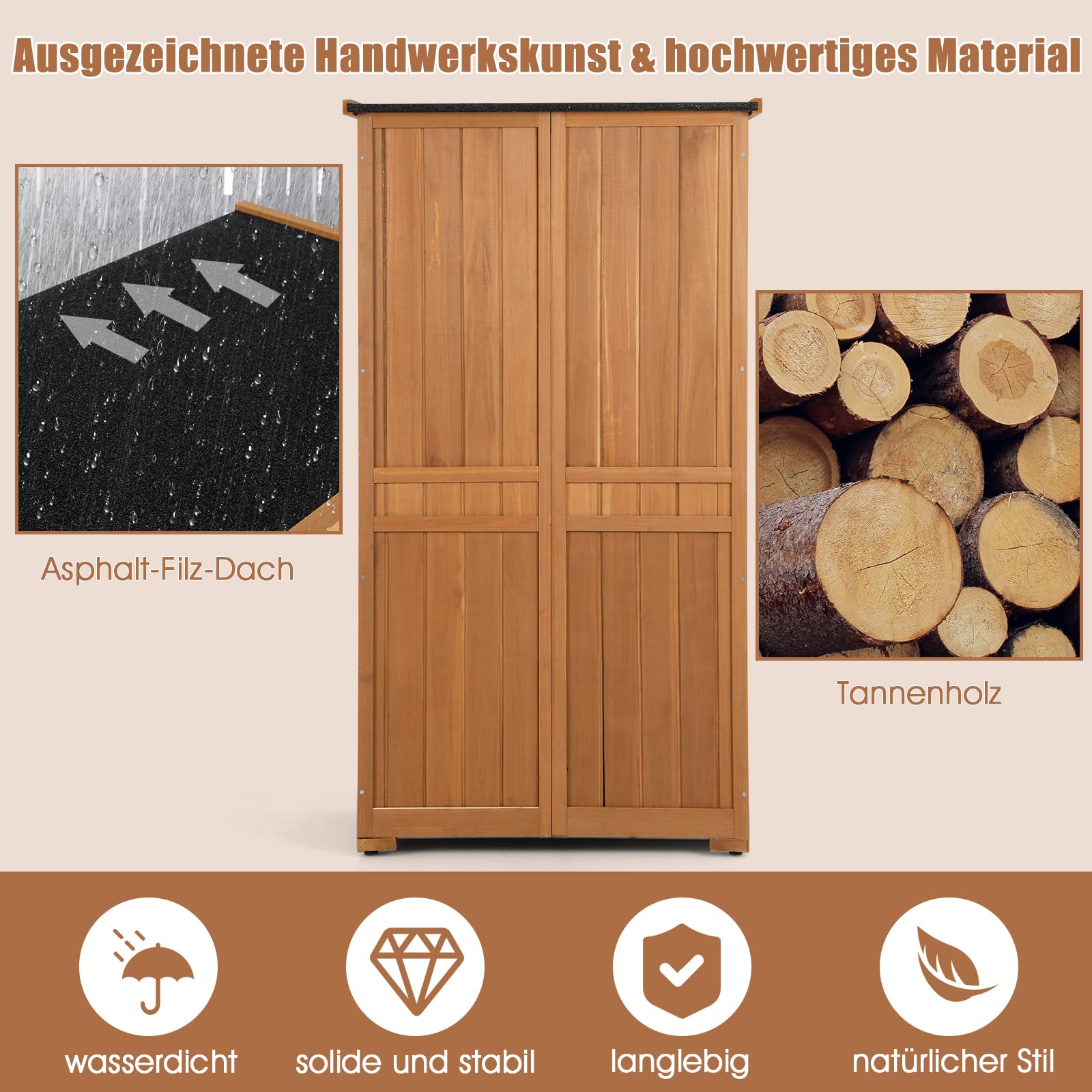 COSTWAY Gartenschrank Holz, Gerätehaus wetterfest, Geräteschuppen mit 3 herausnehmbaren Regalen, Werkzeugschrank Holzschuppen Garten Schuppen, Gartenschuppen Geräteschrank, 82x42x160cm
