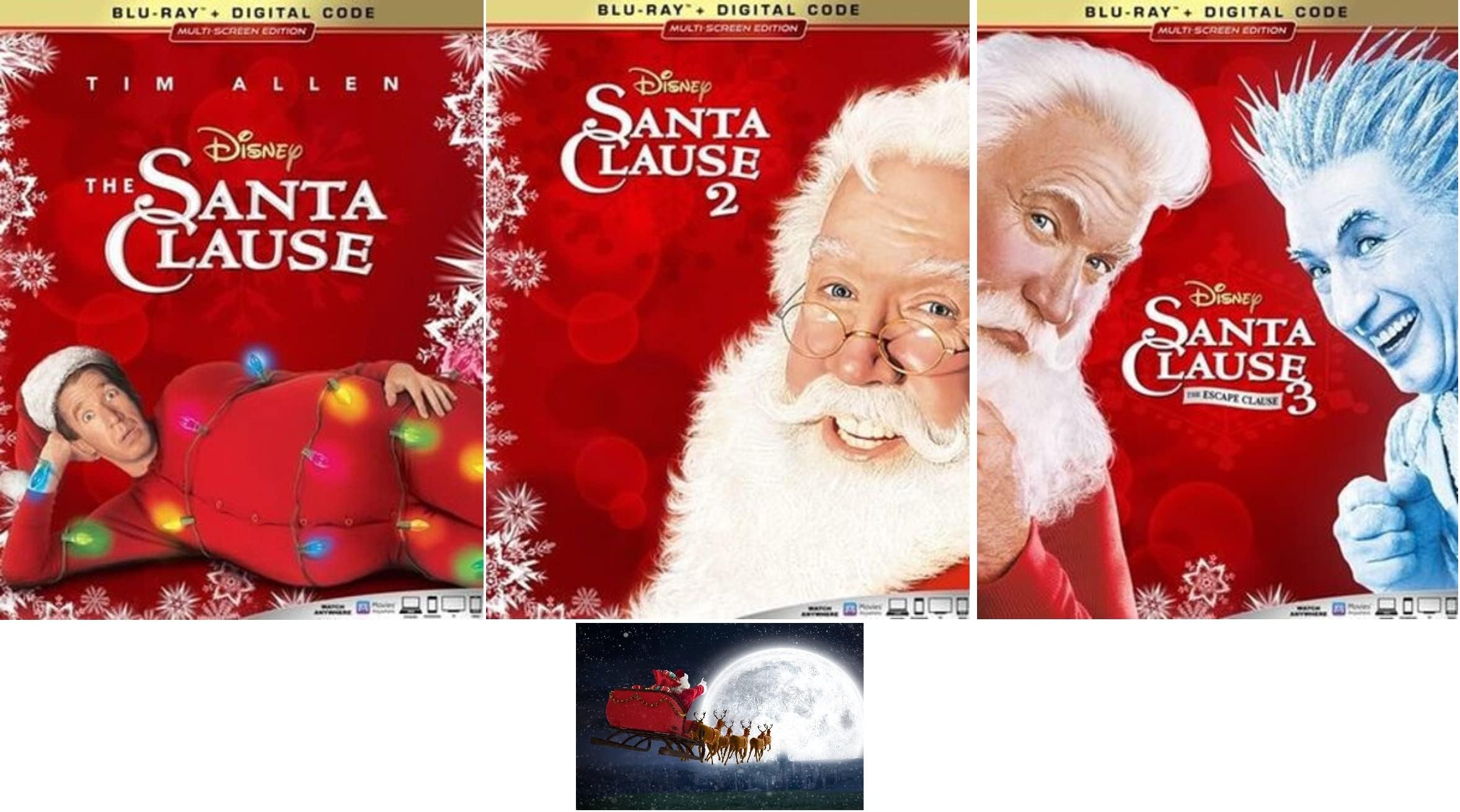 The Santa Clause Trilogy 1 2 3 One Two Three Tim Allen Disney 3 Blu Ray Set Includes Santa Sleigh Glossy Print Art Card
