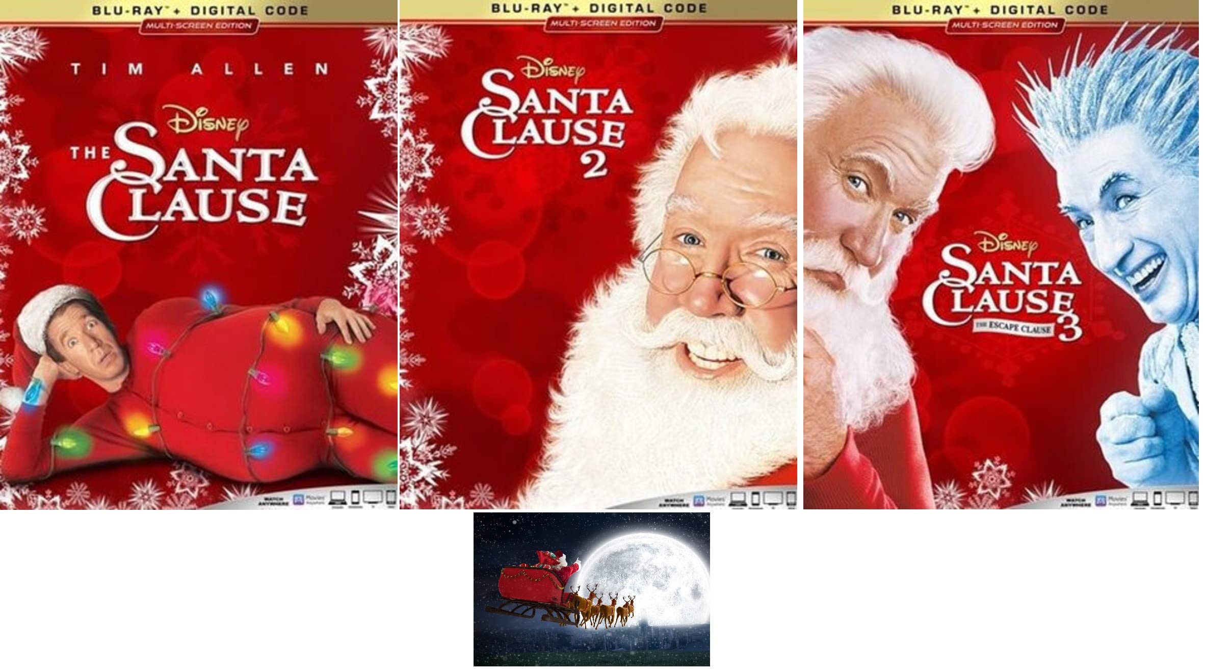The Santa Clause Trilogy 1 2 3 One Two Three Tim Allen Disney 3 Blu Ray Set Includes Santa Sleigh Glossy Print Art Card
