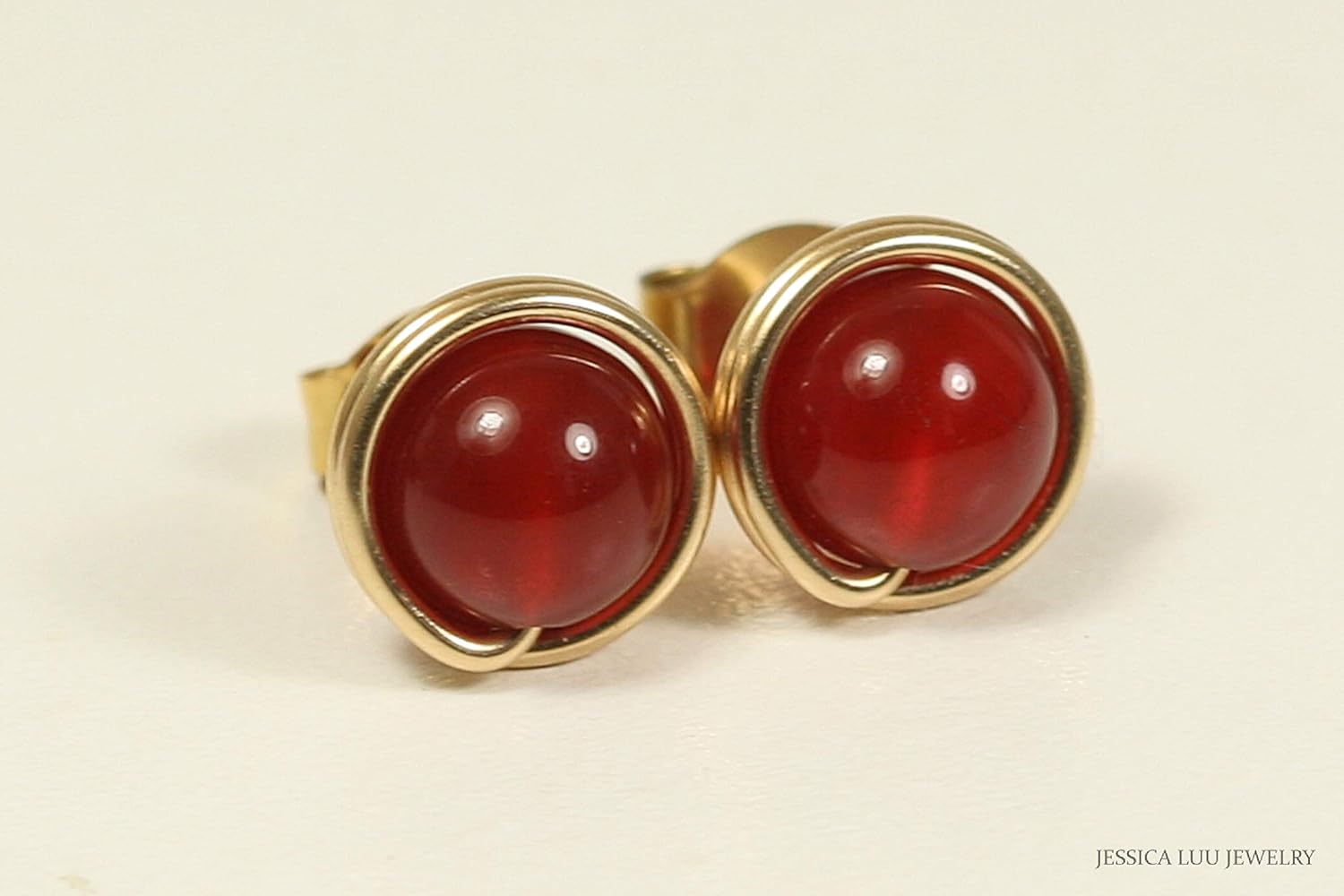 Jessica Luu Jewelry Gold Red Carnelian Stud Earrings Natural Gemstones Handmade