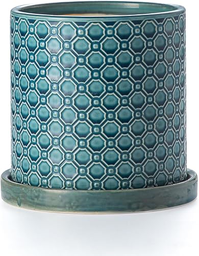 Maceta de cerámica de 6 pulgadas maceta de cerámica con orificio de drenaje y platillo para plantas de interior y exterior, maceta redonda