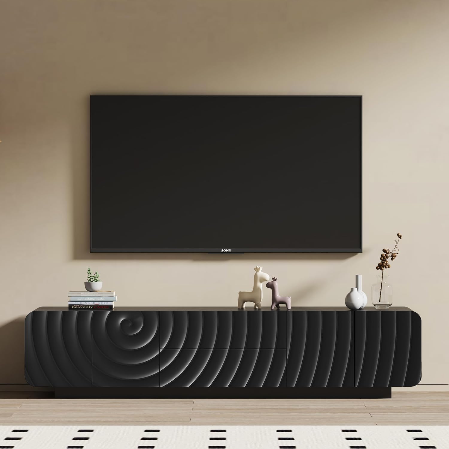 70''Tv Console with Modern Unique Spiral Wave Design with Storage Cabinet and 2 Drawers Tv Stand for Living Room, Bedroom, Black