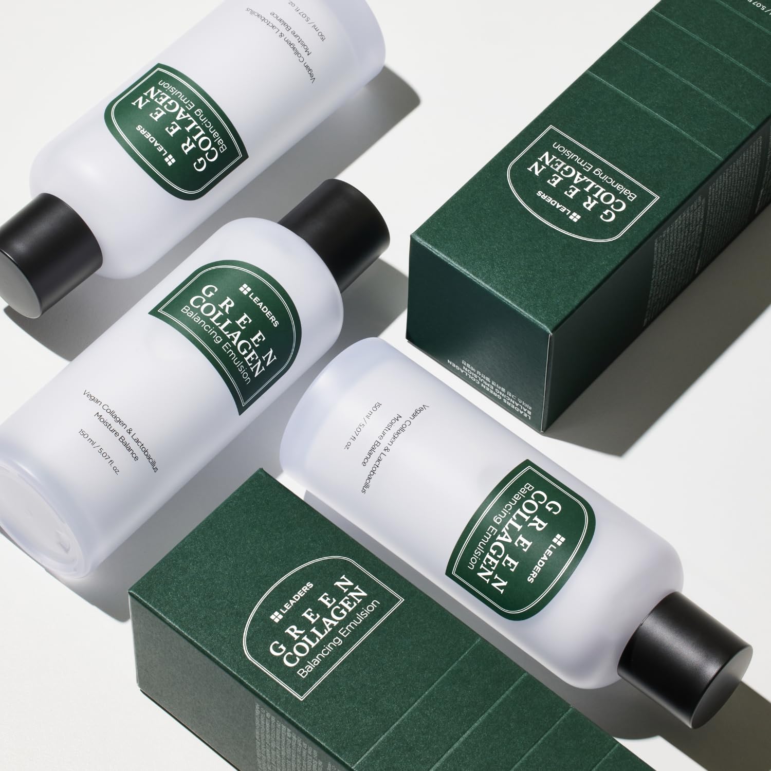 LEADERS Green Collagen Balancing Emulsion – Hydrating Emulsion to Balance Skin's Oil and Moisture Levels & Helps Hydrate Dry Skin, Gentle Plant Based Formula – 150ml