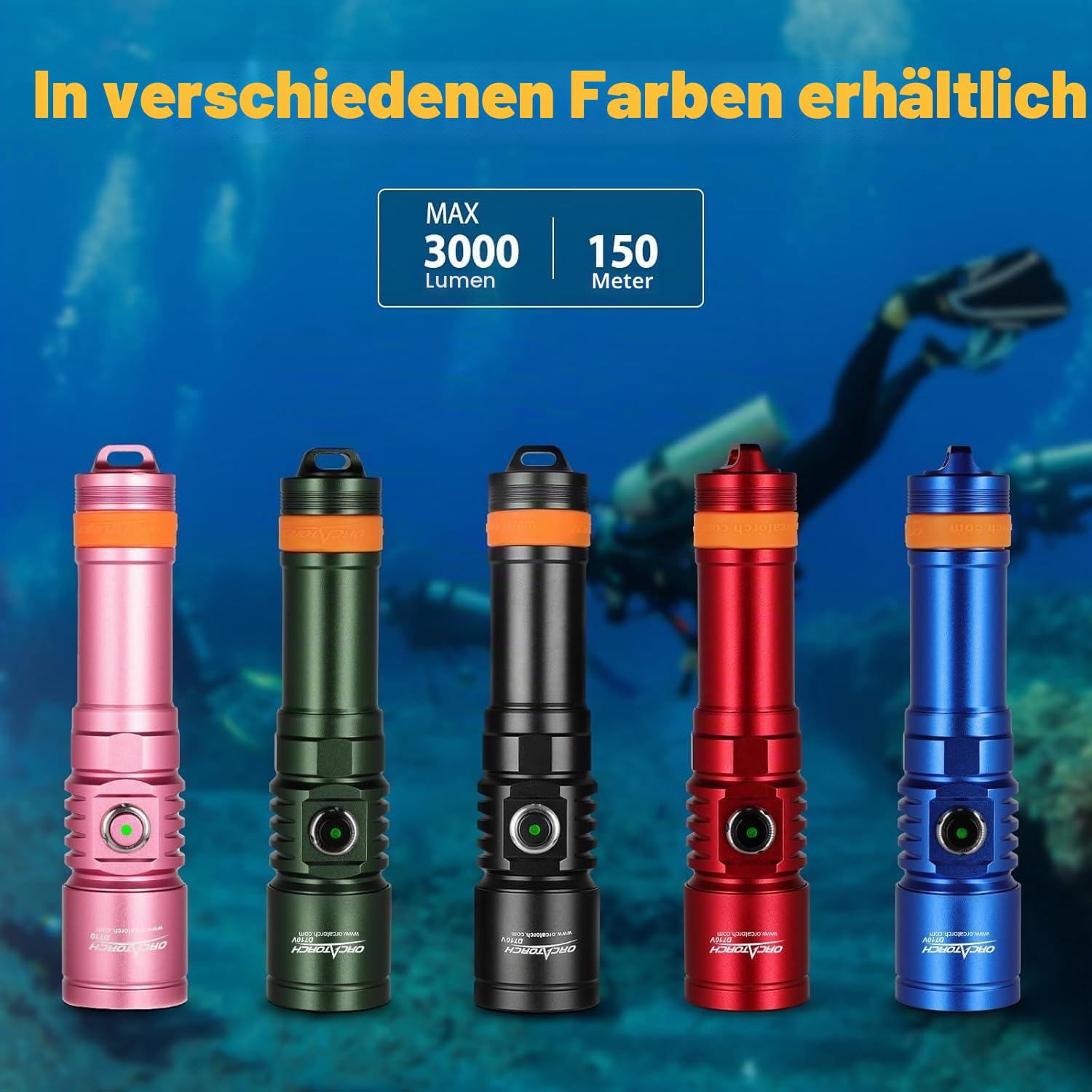 ORCATORCH D710 Tauchlampe, 3000 Lumen Taucherlampe mit 6 Grad schmalem Strahl, Unterwasser Lampe mit Batterieanzeige, IP68 wasserdichte Nachttauchlampe für 150m Unterwasser Tauchen