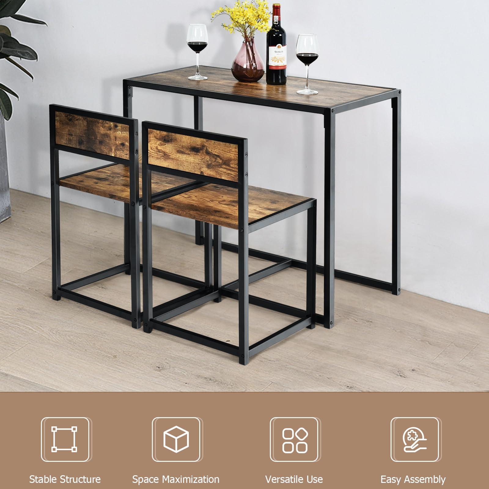 HOMASIS Ensemble de Bar 3 Pièces avec 2 Tabourets, Table de Bistrot avec Chaises, en Bois et Structure Métal, Design Industriel pour Cuisine