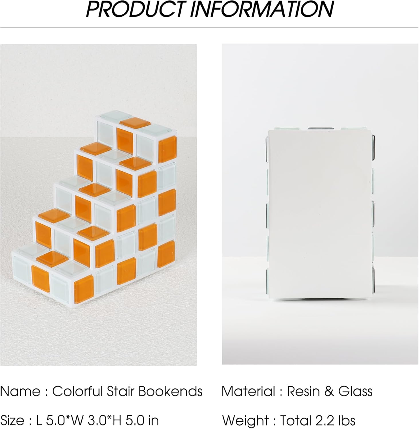 Decorative Bookends for Shelves - Stair Book Ends for Heavy Books - Unique Book Stopper & Holder for Shelves - Modern Home Decor Aesthetic Bookshelf Decor (Orange & White)