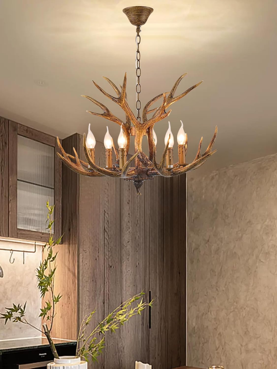 Brown Color Antler Chandelier Light Fixture 6 Lights E12 Bulbs Vintage Resin Antler Ceiling Light for Living Room, Dining Room, Bedroom, Kitchen with Adjustable Chain (Brown)