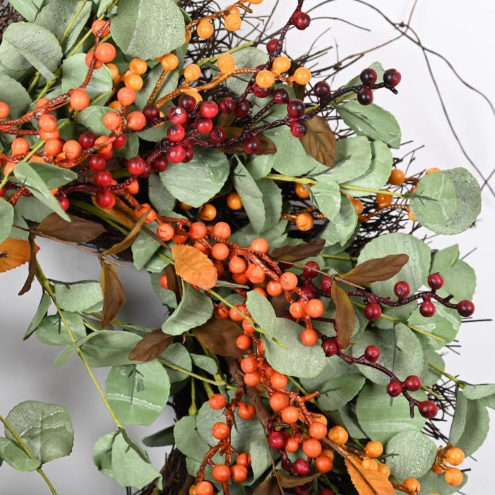 Autumn Wreath for Front Door, Fall Wreath with Eucalyptus and Berries, 24 Inch Rustic Twig Base Wreath for Home Decor Indoor Outdoor Entryway Mantel Thanksgiving Harvest