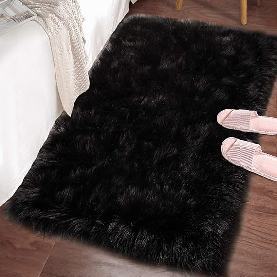 LOCHAS Soft Fluffy Black Faux Fur Rugs for Bedroom Bedside Rug 2x3 Feet