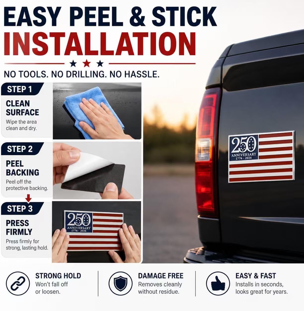250th Anniversary Metal Flag Emblem – 250 Anniversary USA Merchandise | Metal American Flag Car Emblem, Weatherproof 3D Patriotic Badge 1776-2026 for Trucks SUV RV Garage Decor, Veteran Dad Gift (2pc)