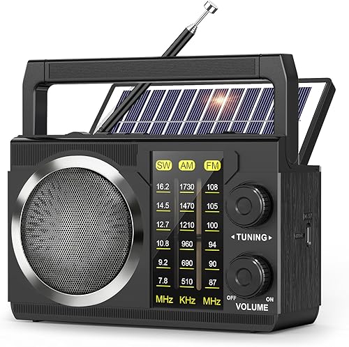 PRUNUS J-135 AM FM Radio portátil Bluetooth, funciona con pilas solar/AA/USB-C recargable para emergencia, radios transistores con linterna,
