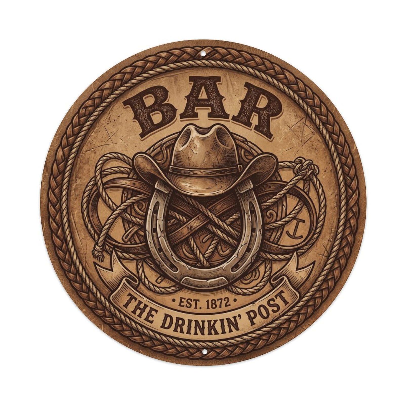 BAR Western Saloon Shield Metal Tin Sign Plaque Wall Decor for Cafe, Club Bar, Office, Home Garden Round Metal Poster 8x8Inch