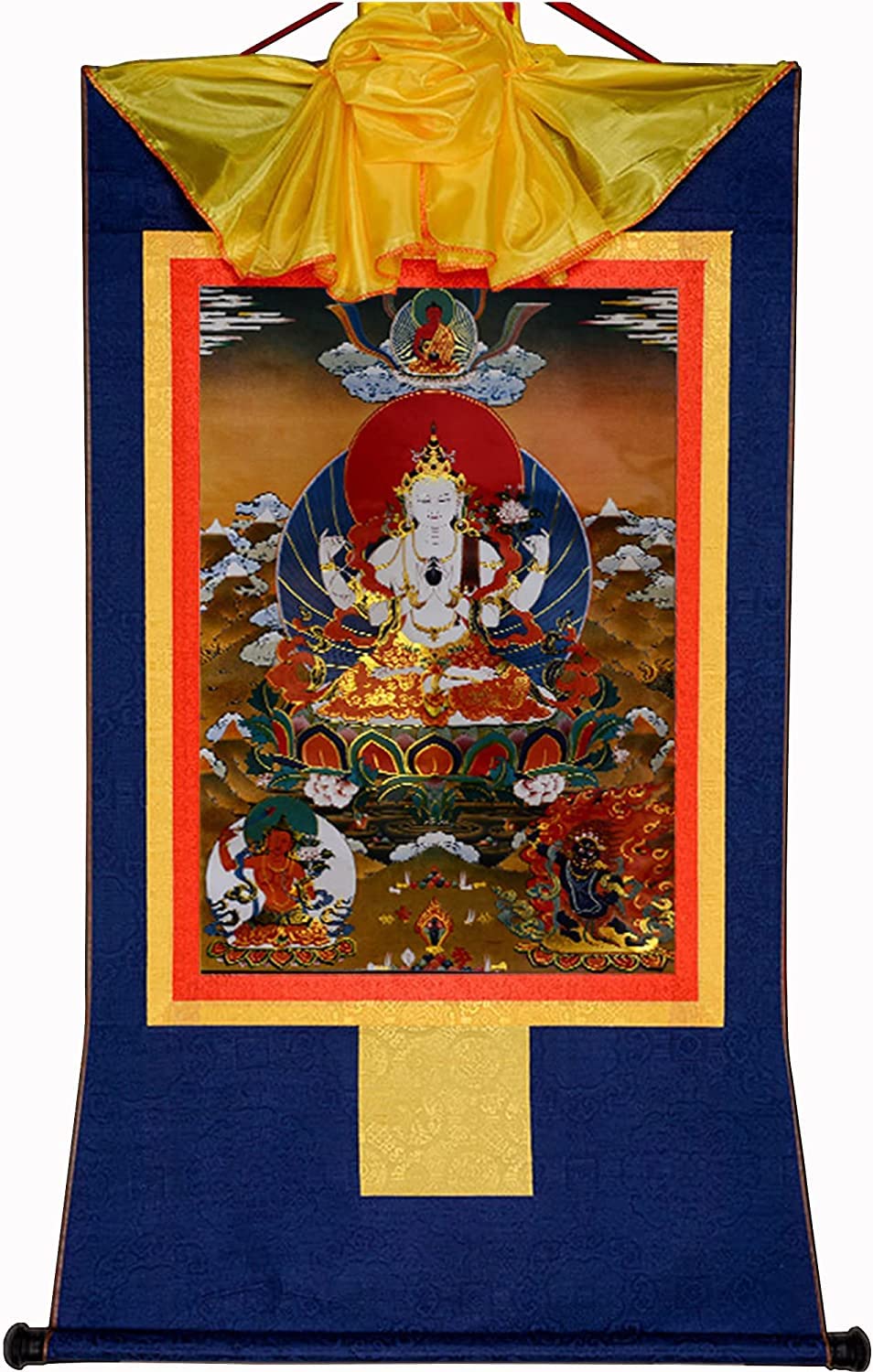 Tapisserie bouddhiste, tapisseries Thangka - Bouddhisme tibétain tantrique Thangka Avalokitesvara à quatre bras, Padmapani, tapisserie bouddhiste en brocart d'estampage à chaud for la méditation de dé