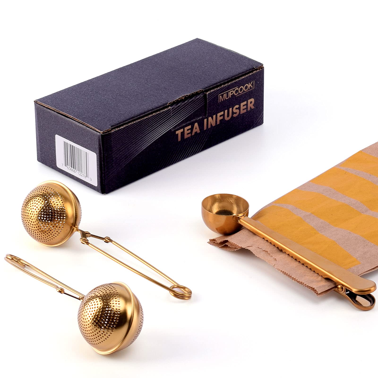 Set of 2 Tea Infusers & 1 Tea Spoon - Gold Stainless Steel Strainer Filter Ball with Perfect Multifuctional Serve Scoop to Brew Loose Leaf Tea, Durable Tea Steeper with Gift Box by MUPCOOK