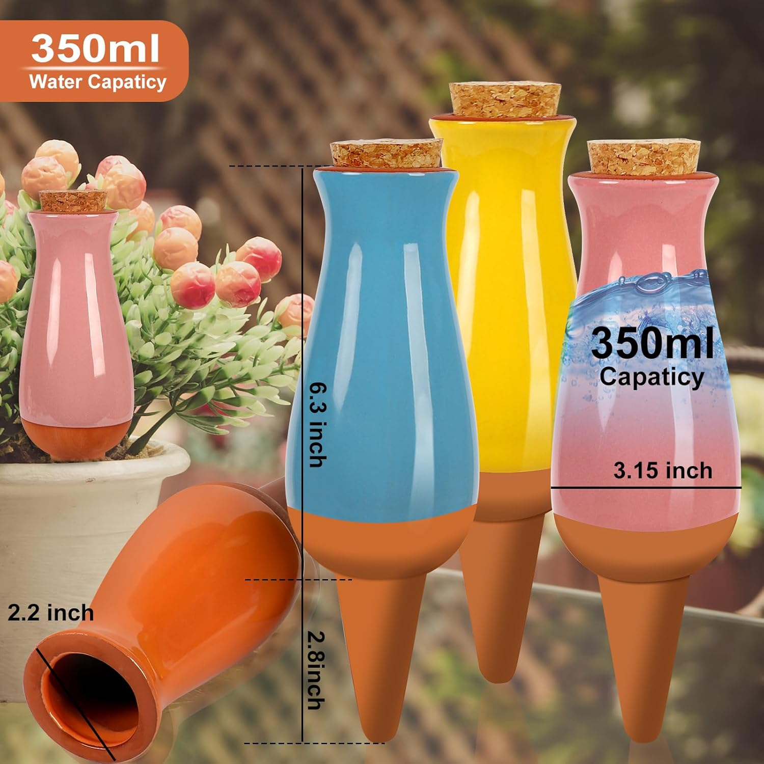 4 Pack Terracotta Plant Watering Globes, 12Oz Ollas Self Watering Pots for Indoor Outdoor Plants, Automatic Plant Drip Irrigation Device, Clay Planter Insert, Up to 1 Week, for Vacations Potted Plant