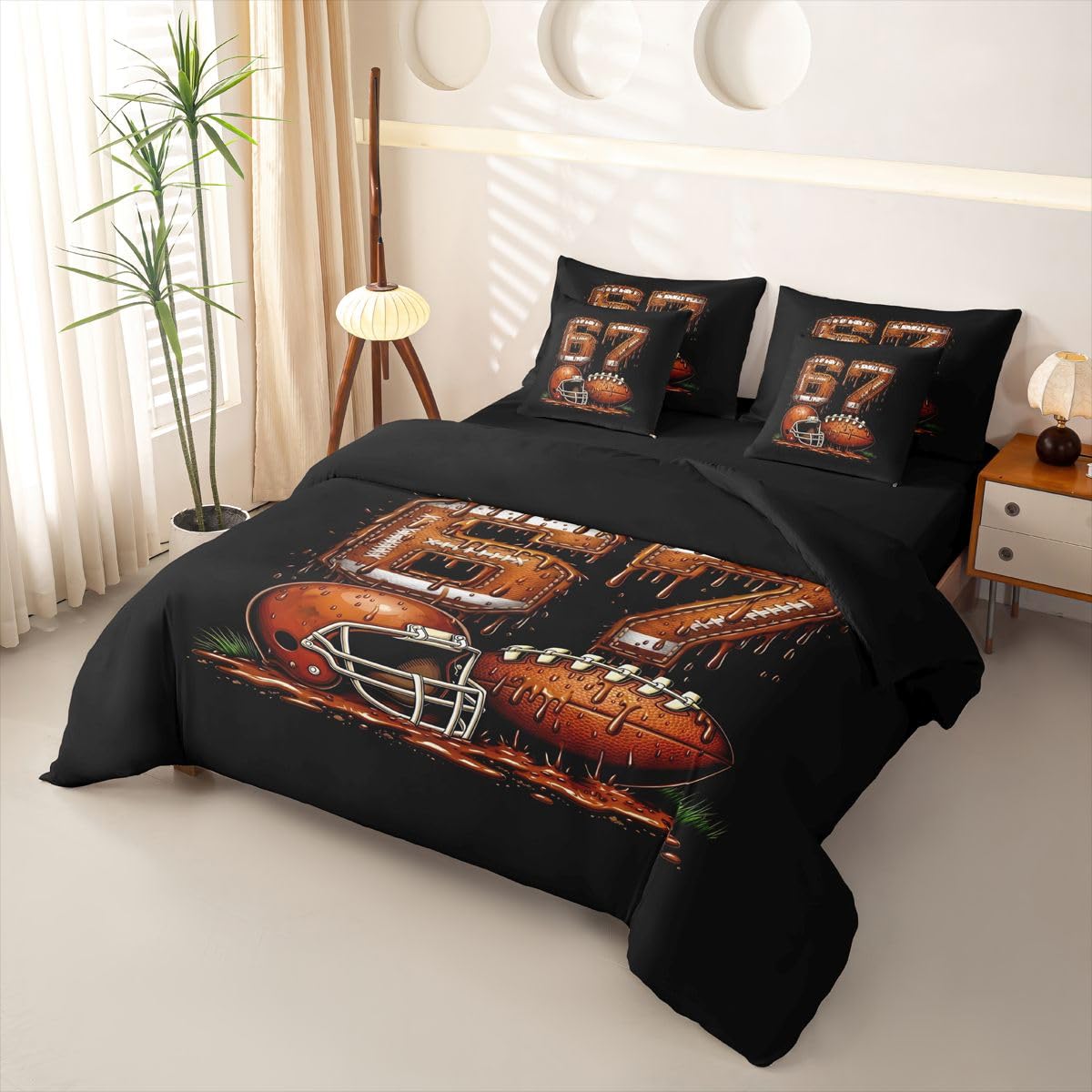 Loussiesd SIX SEVEN 6 7 Rugby copripiumino singolo 7 pezzi gelato gocciolante sport set di biancheria da letto per bambini ragazzi ragazze nero marrone letto in una borsa con copripiumino, lenzuola