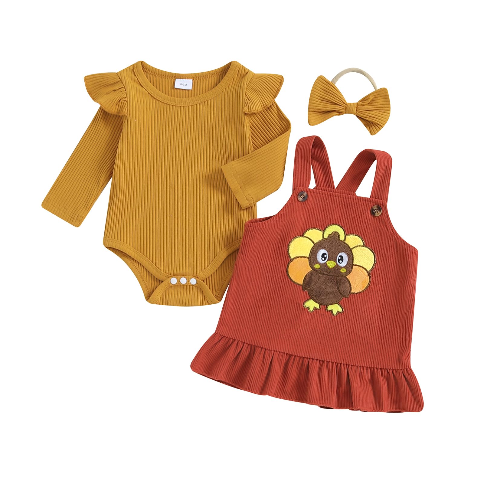 My First Thanksgiving Baby Girl Outfit Long Sleeve Romper Turkey Overall Dress Headband Infant 3Pcs Fall Clothes (Yellow, 3-6 Months)