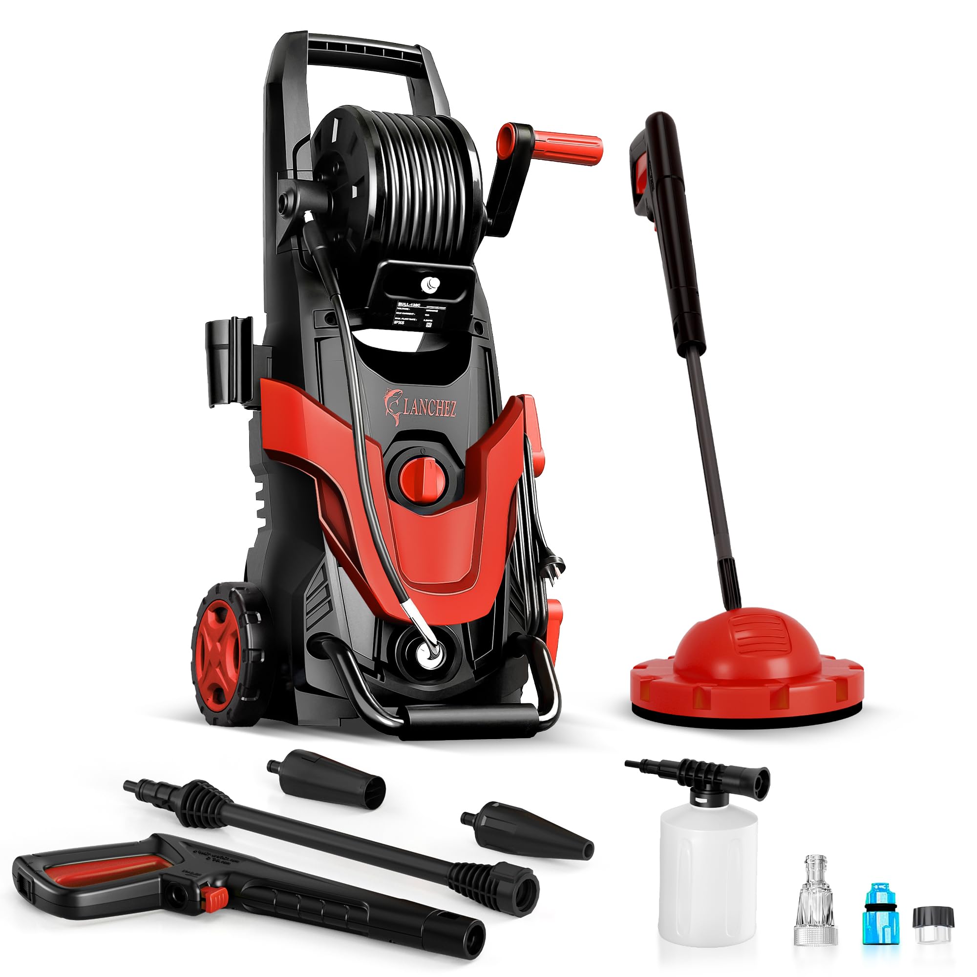 2026 Upgraded Pressure Washer 180 Bar 450 L/h,Power Jet Washer Built-in Hose Reel, Foam Cannon & 6-in-1 Adjustable Spray Nozzles, 50㎡/h High Coverage Cleaner for Cars, Patios, Driveways & Fencing,Red
