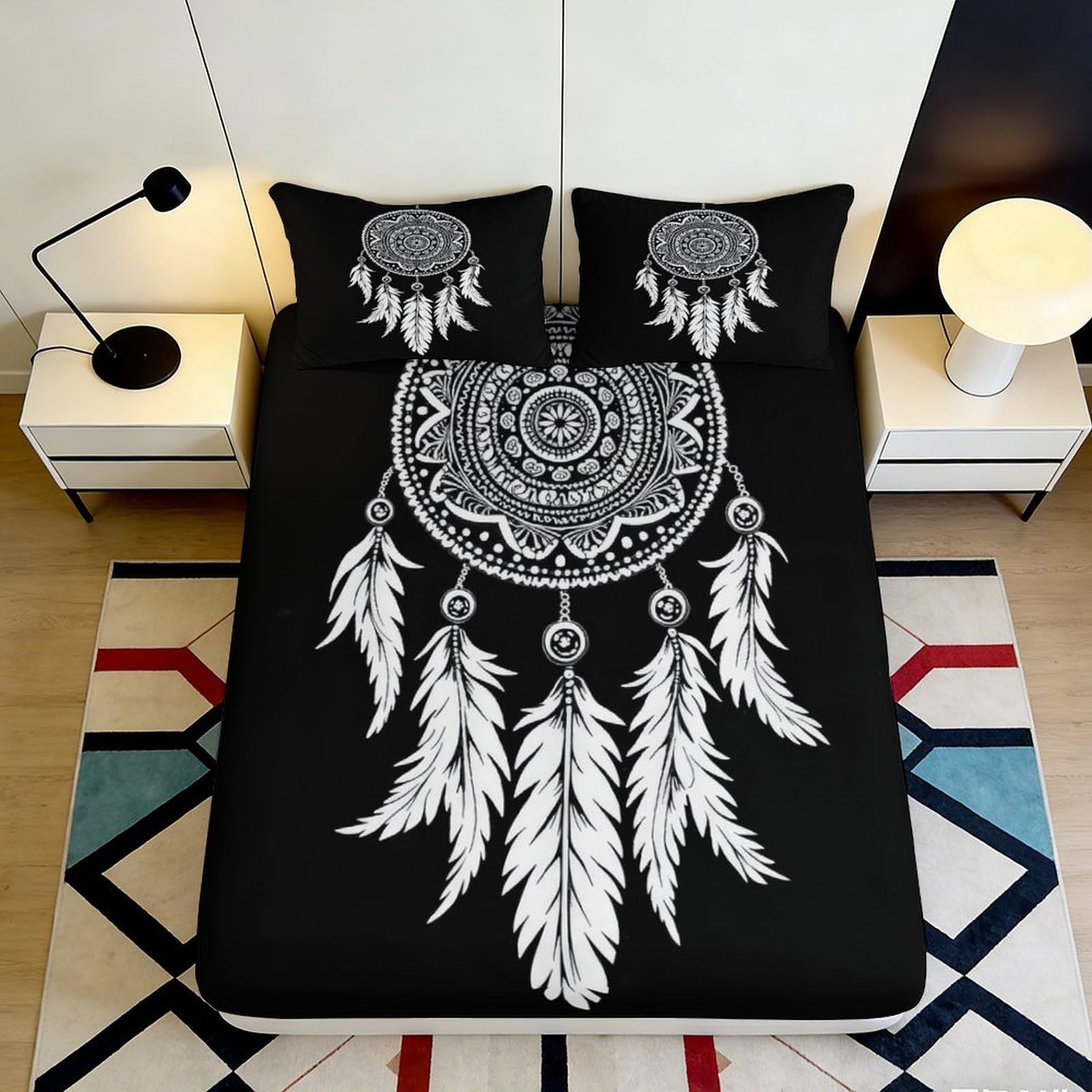 3D Printed Dreamcatcher Feather Fitted Sheet Microfiber Soft Black Mandala Bed Cover for Bedroom Guest Room 90x200x25cm