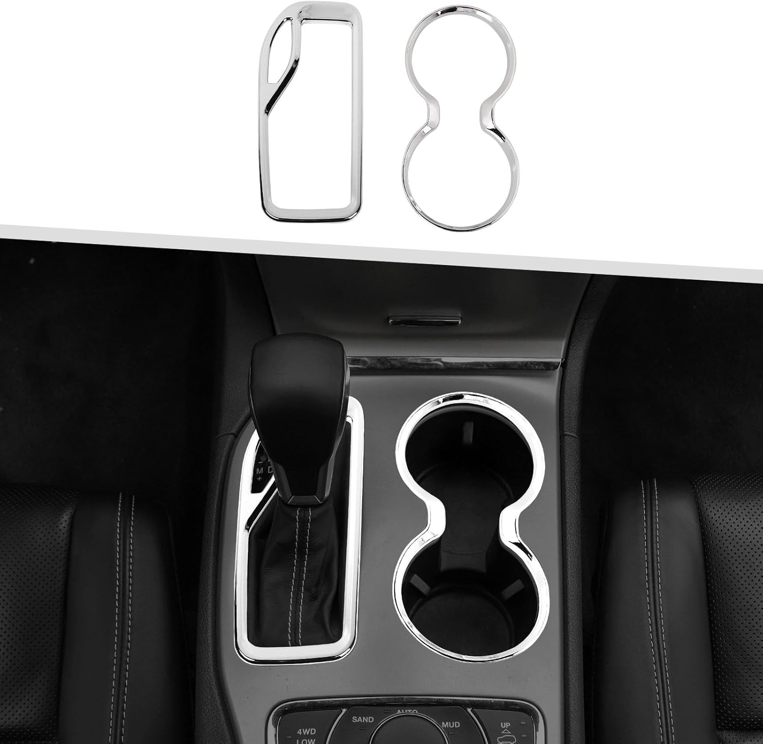 Jimen Fit for Jeep Grand Cherokee 2016-2021, 2PCS Front Cup Holder Trim Overlay & Gear Shift Cover (Chrome)