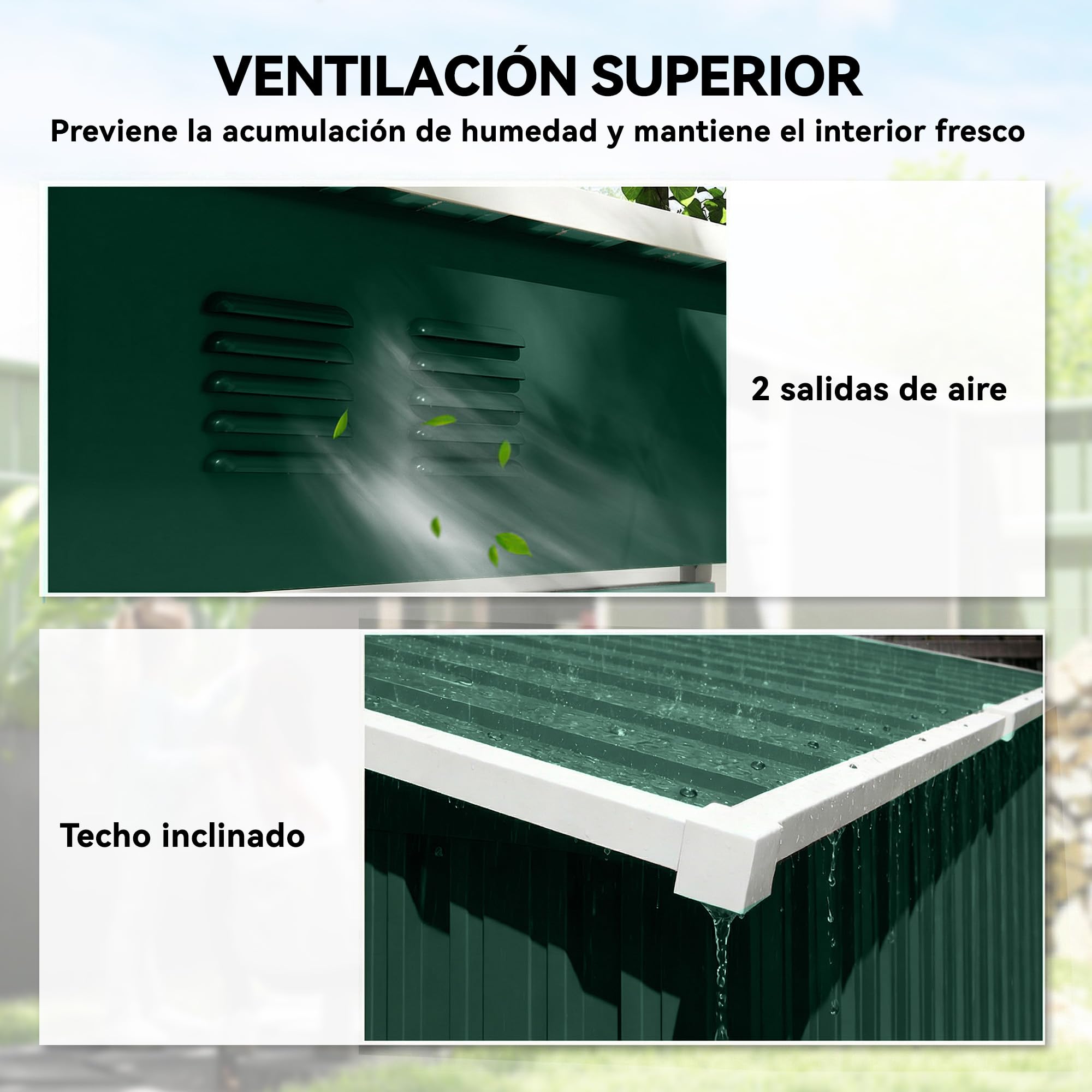 Outsunny Caseta de Jardín Exterior 1,37 m², 163x90x179 cm, Cobertizo de Jardín Exterior Metálico con Puerta con Pestillo y Ranuras de Ventilación, para Almacenamiento de Herramientas, Verde - 5