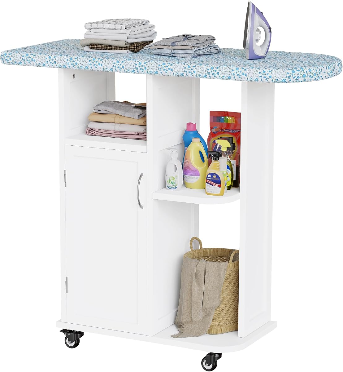 Tabla de Planchar con Ruedas y Gabinete de Almacenamiento, Mesa de Planchar Pequeña con Ruedas | Gabinete para tabla de planchar con almohadilla fija resistente al calor, mesa de planchado con estantes de almacenamiento para espacios pequeños, lavandería, sala de manualidades