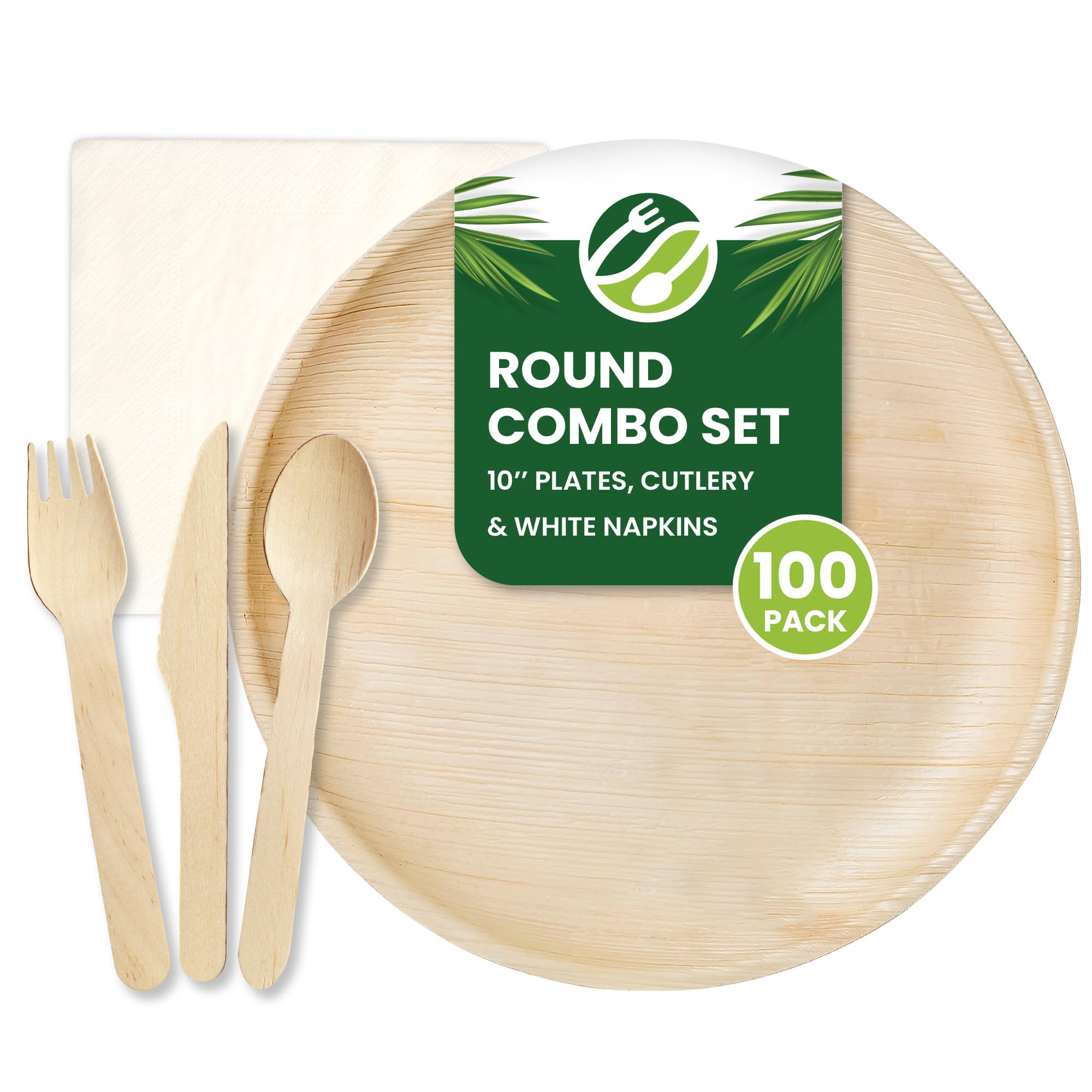 Eco Leaf 500pcs Disposable Palm Leaf Plates, Wooden Cutlery Set, White Napkins – 100 Large Round Plates, 100 Forks, Knives, and Spoons, 100 White Napkins – Eco-Friendly, Suitable for Parties