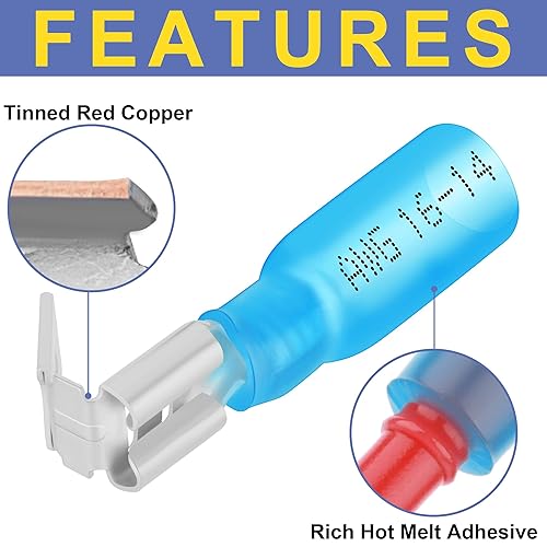 Miniatura 23 de haisstronica 150 conectores de pala hembra termocontraíbles amarillos, AWG 12-10, kit de terminlas de pala hembra termorretráctil, conector de cable