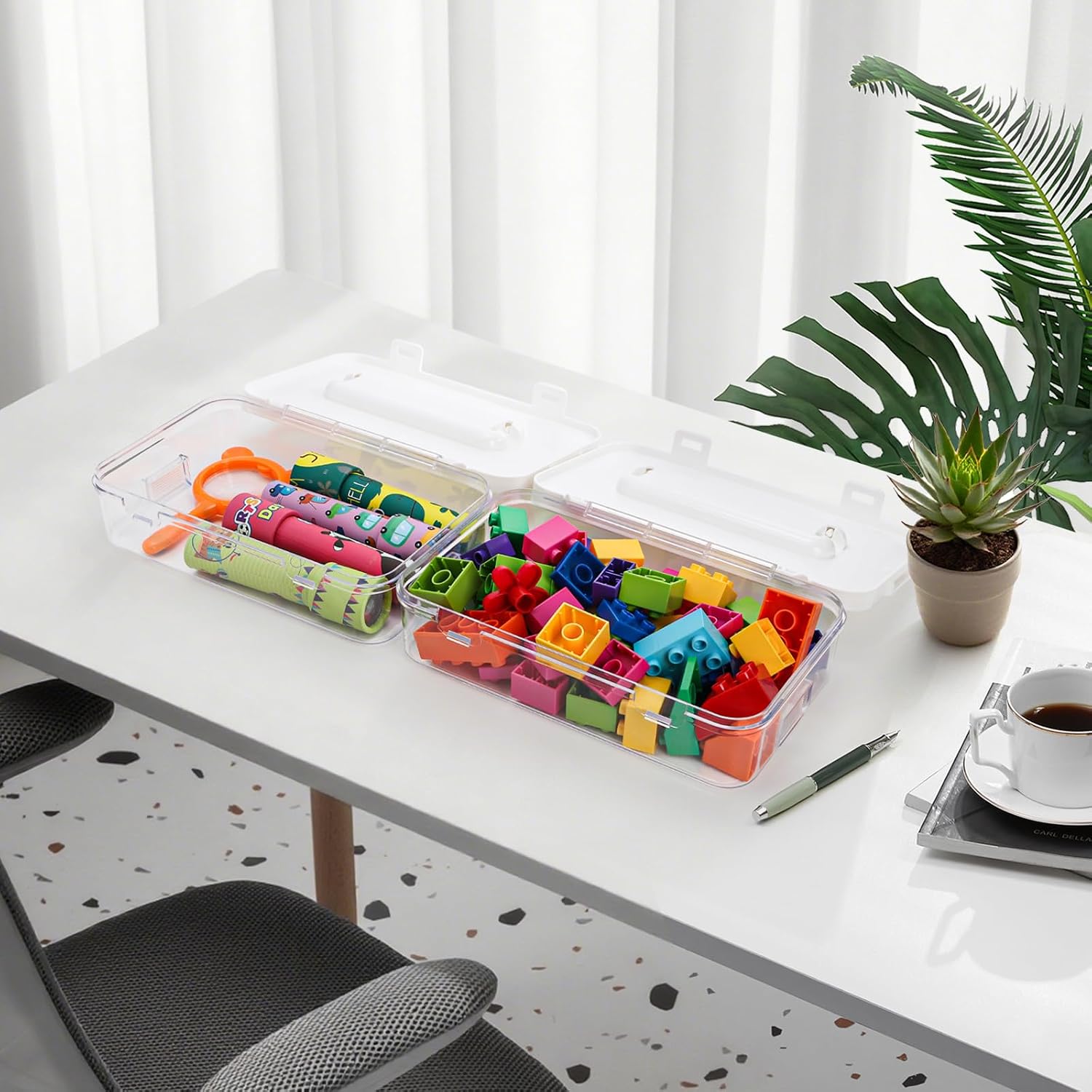 2 Pack Plastic Craft Storage Box with Lid, Clear Stackable Pencil Case, Portable Art Supply Organizer with Handle, Small Carrying Crayon Container for Markers Sewing Ornament Nail Polish Tape