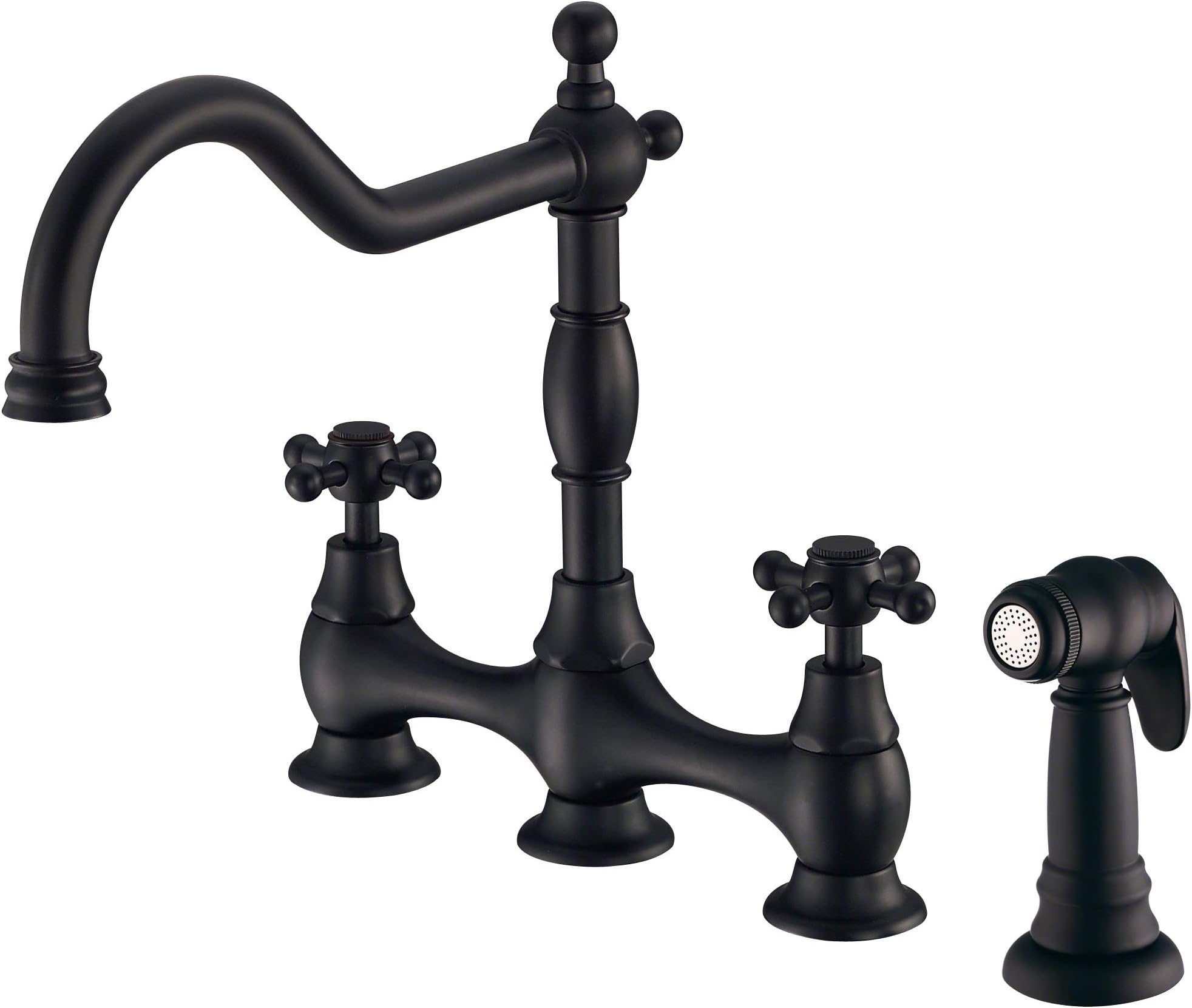 Gerber Opulence Bridge Kitchen Faucet with Side Spray – 2-Handle Farmhouse Sink Faucet, Traditional Style, Swivel Spout, Heavy-Duty Brass, 8-Inch Center, 4-Hole Deck Mount in Satin Black