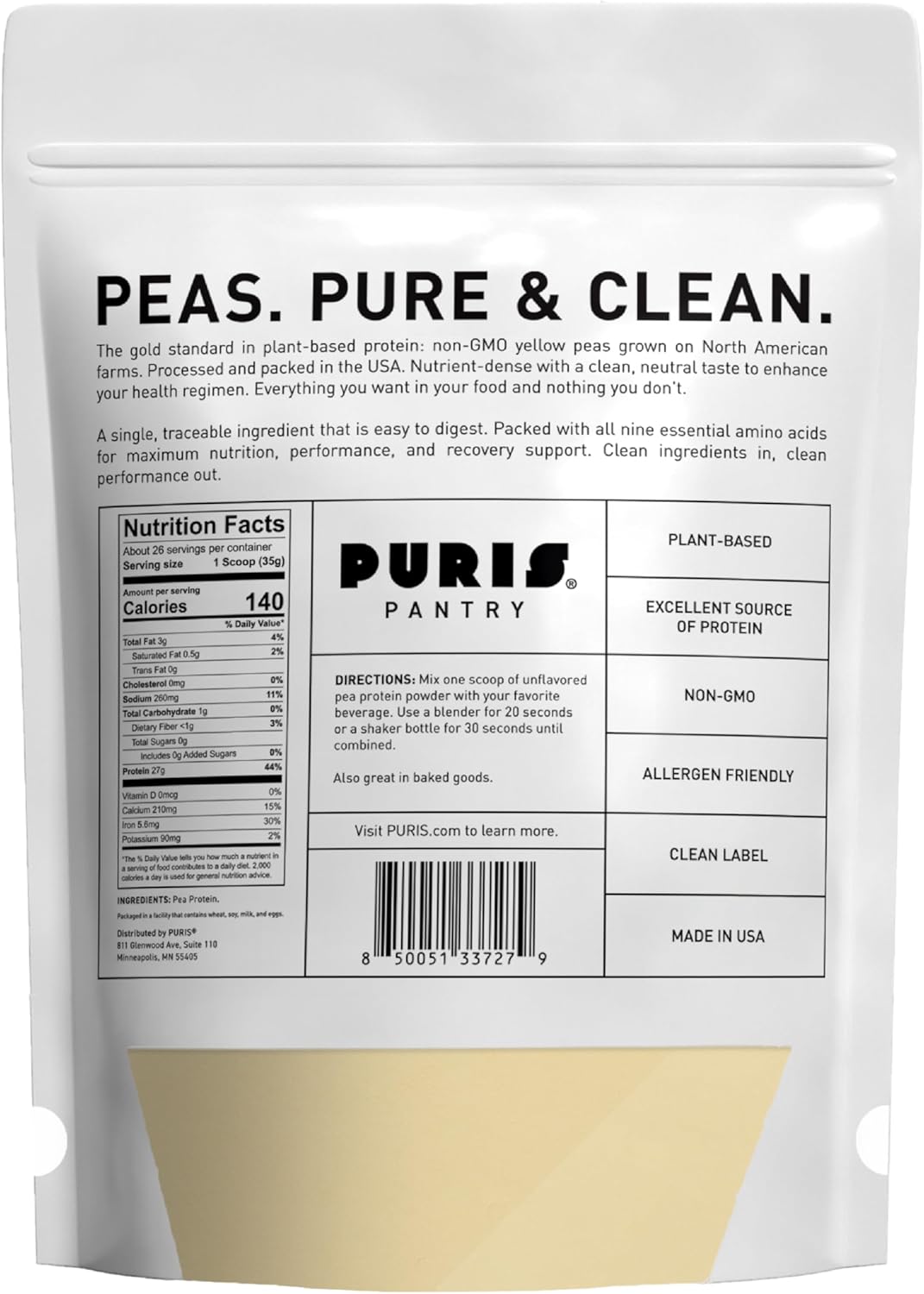 PURIS Pea Protein Powder – Plant-Based Vegan | 27g Per Serving | Dairy, Soy, and Gluten-Free | Clean Label Non-GMO | Smooth Neutral Taste | 2 Pounds (1 Pack) - Image 2