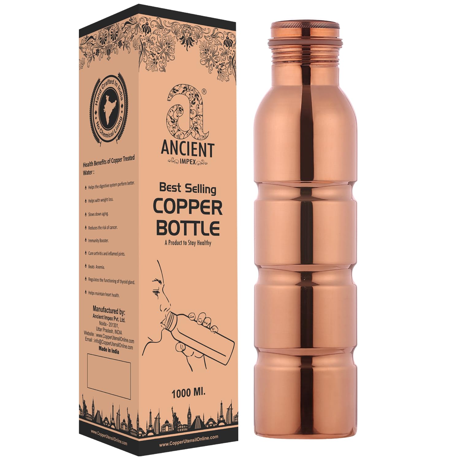 ANCIENTIMPEX Pure Copper Water Bottle – Seamless design| Leak-Proof Ayurveda Drinking Bottle for Health Benefits & Detox (1000 Ml / 33.81 FL Oz)