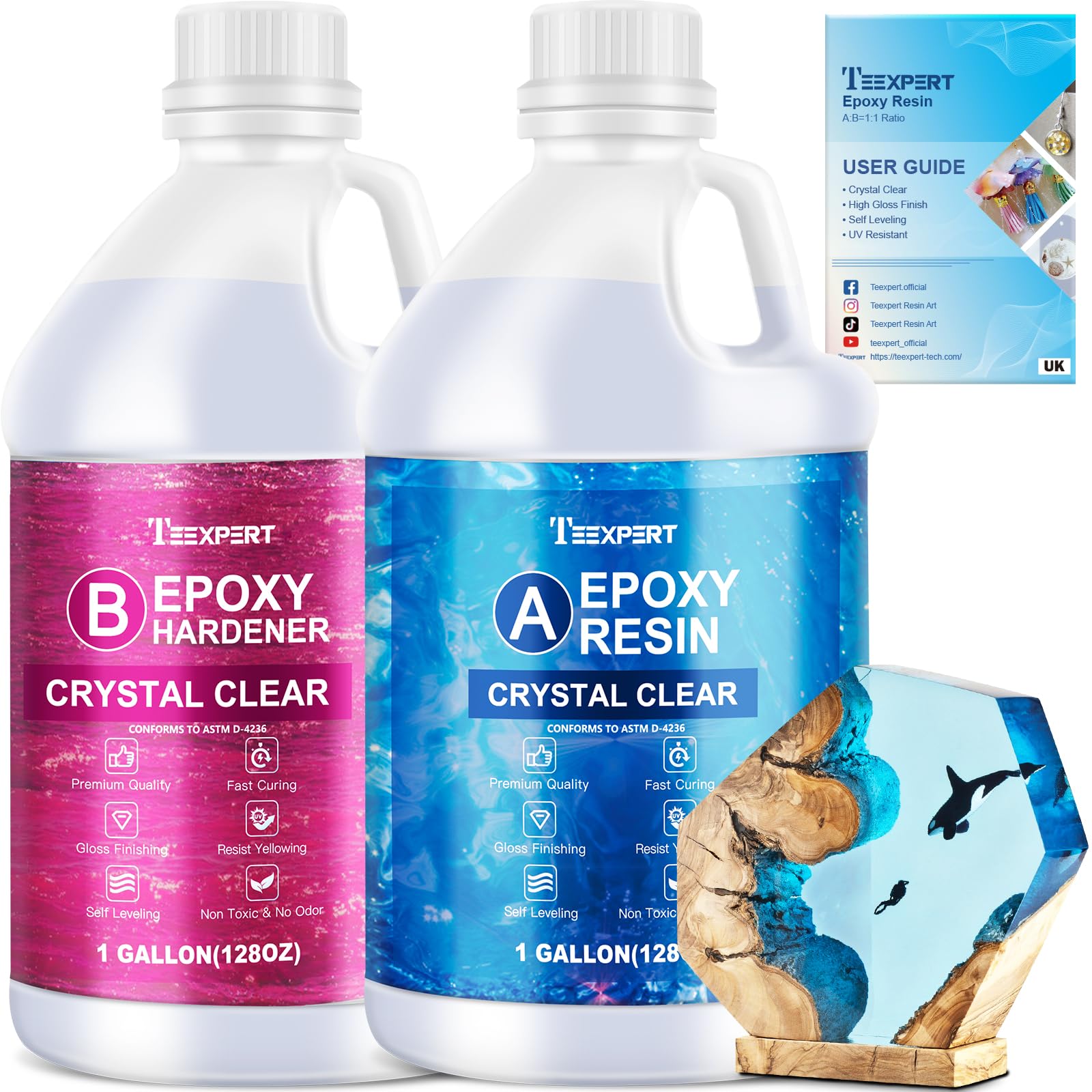 Teexpert Epoxy Resin Crystal Clear Kit 2 Gallon High-Gloss Coating and Casting Resin, Self-Leveling Bubbles Free Resin and Hardener Kit for DIY Art, Jewelry, Table Top, Molds, Wood 1:1 Ratio