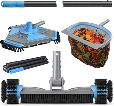 UIRWAY 4-in-1 Deluxe Swimming Pool Cleaning Kit - Includes Upgrade Triangular Pool Vacuum Head, Detachable Brush, Deep Leaf Skimmer Net, Adjustable Aluminum Pole Inground & Above Ground Pools
