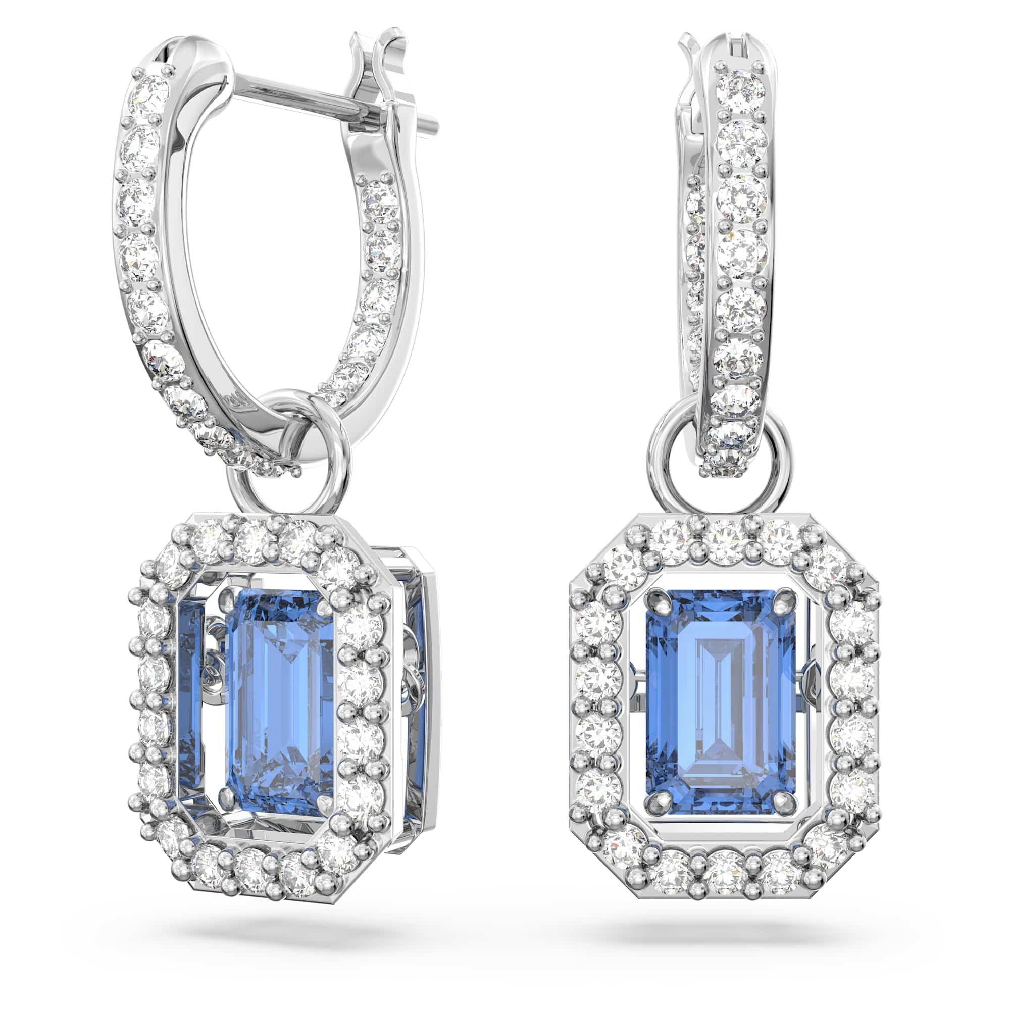 Una Earrings, Octagon cut Swarovski Zirconia, Blue, Rhodium Finish