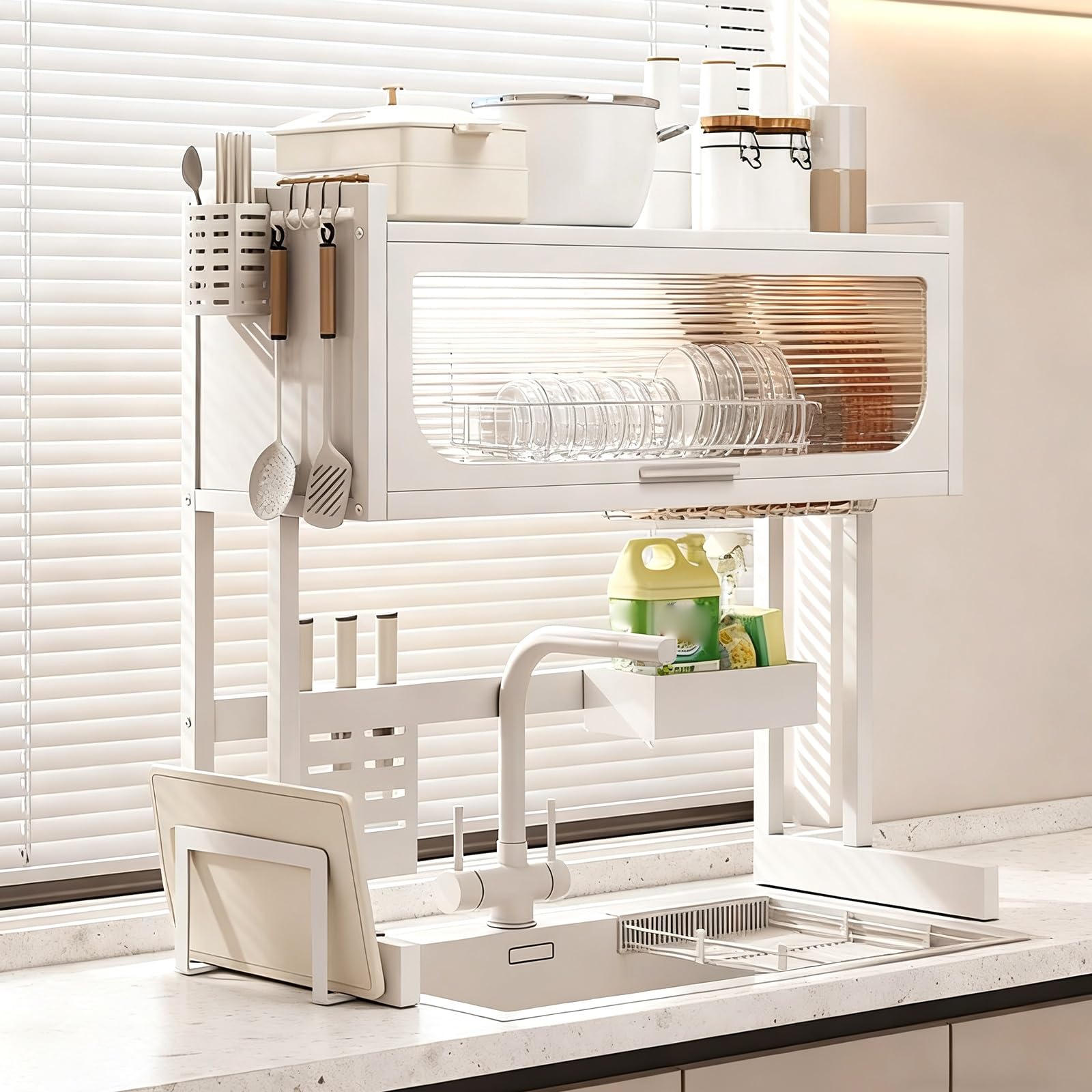 Scolapiatti Multifunzionale con Coperchio Ribaltabile: Un Elemento Essenziale per la Cucina Che Fa Risparmiare Spazio, 95 cm (37,4 Pollici), Design Robusto, Asciugatura e conservazione effic