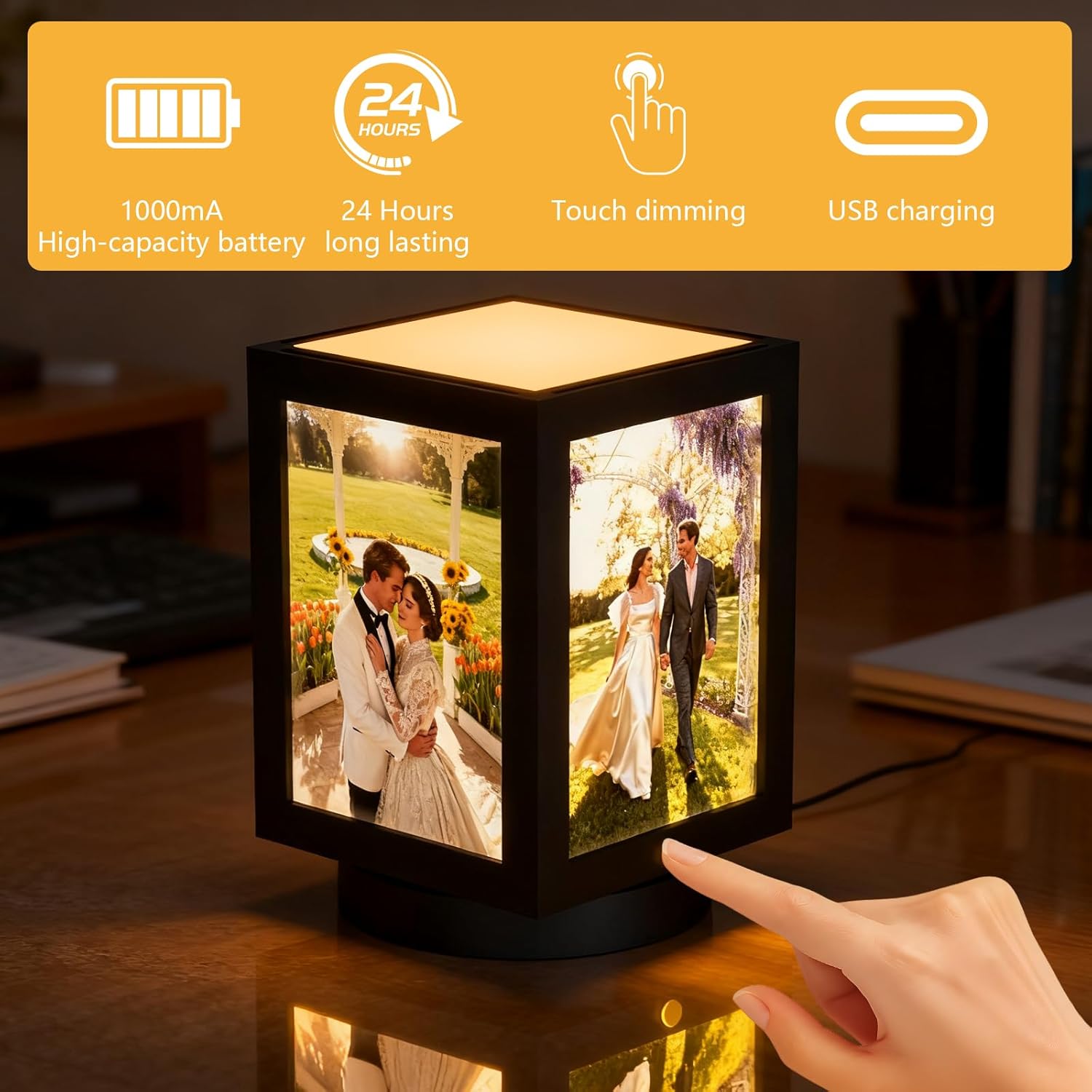 Mixoo 4x6 Picture Frame Light , Vintage Rotating Photo Frame Tabletop Lamp , Touch Desk Lamp for Bedroom Bedside, Table lamps for Office Family Retirement Anniversary Mother's Day Birthday Gifts for Women Men (Wooden Black)