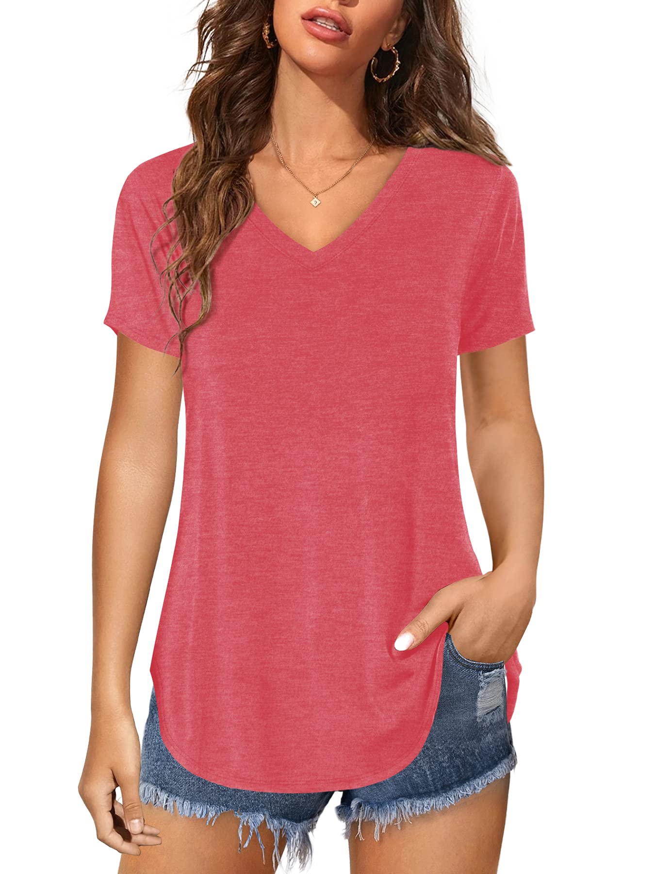 Florboom Tunika Damen Langarm/Kurzarm V Ausschnitt Oberteil Shirts Basic Casual Longshirt