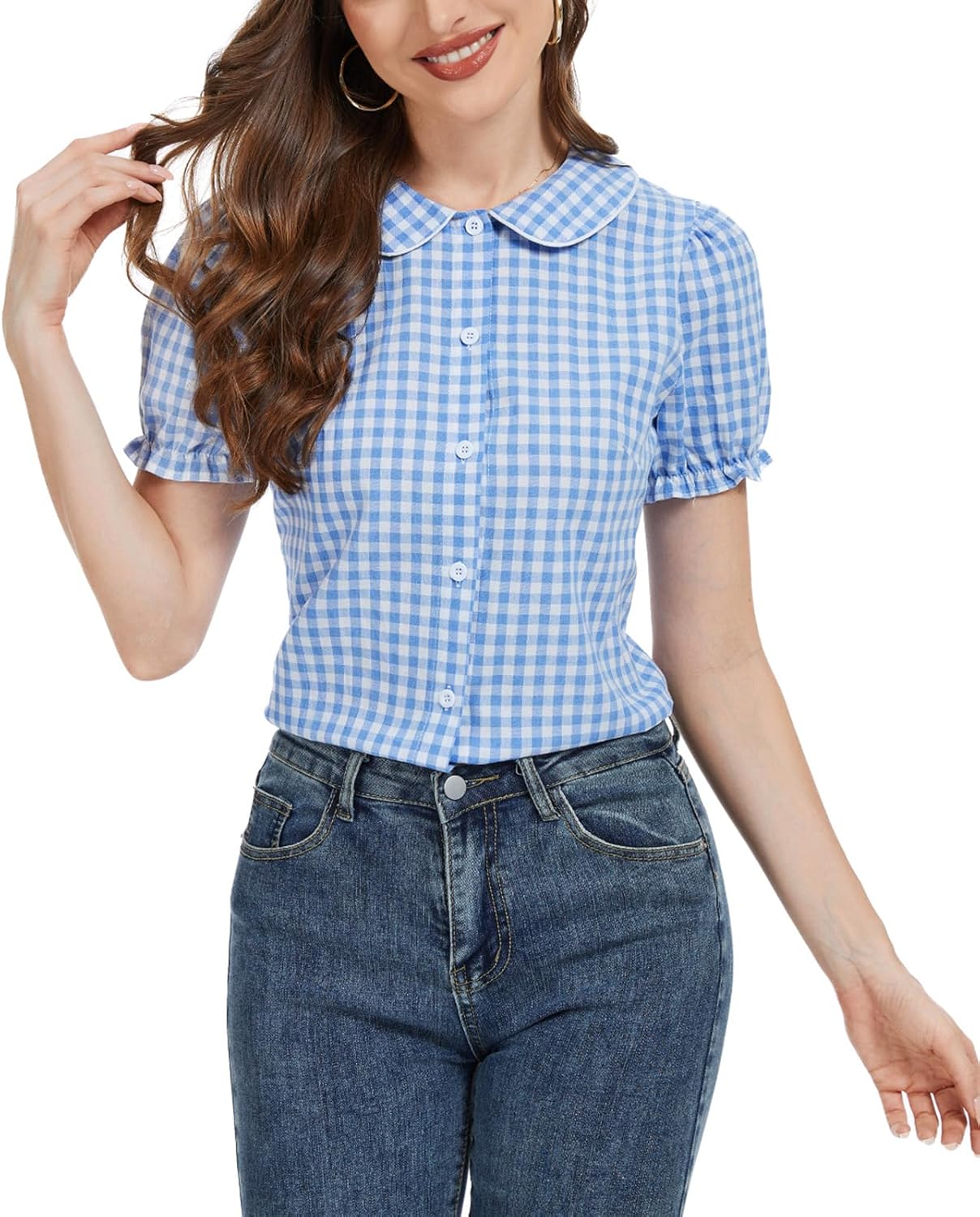 MINTLIMIT Women's Gingham Blouse 2025 Plaid Top Short Sleeve Button Down Peter Pan Collar Shirt - Image 4