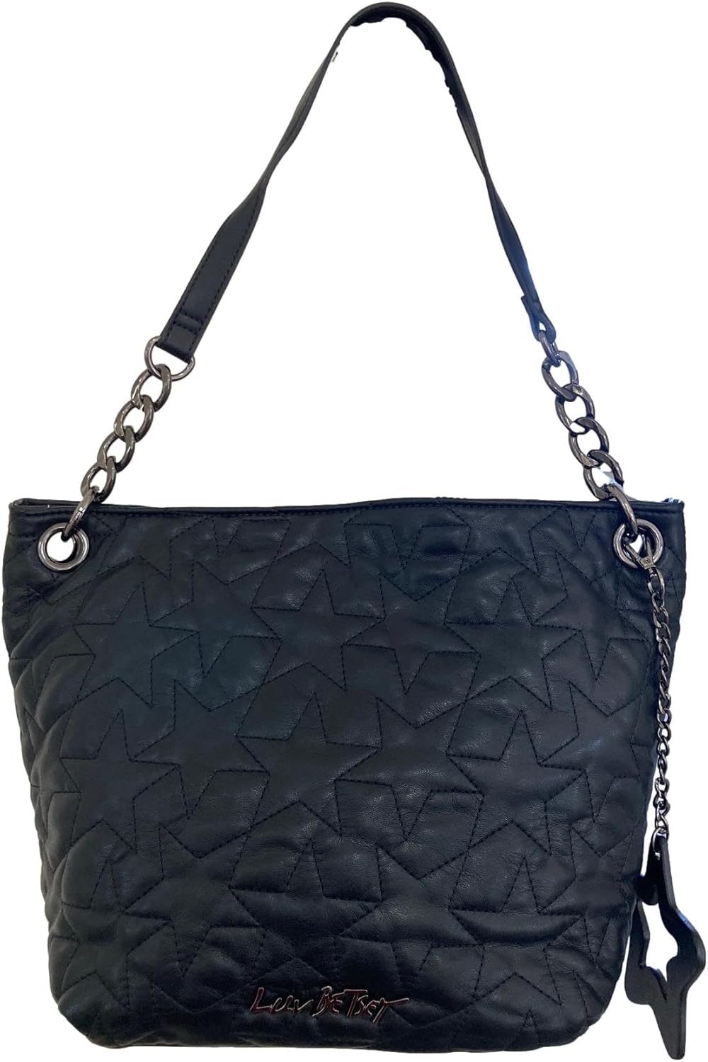 Betsey Johnson Luv Betsey Sabine Allover Quilted Galaxy Star Black Faux Leather W/Detachable Luv Betsey Star Dangle D Ring Metal Hardware Detail Top Strap Handle Shoulder Bag