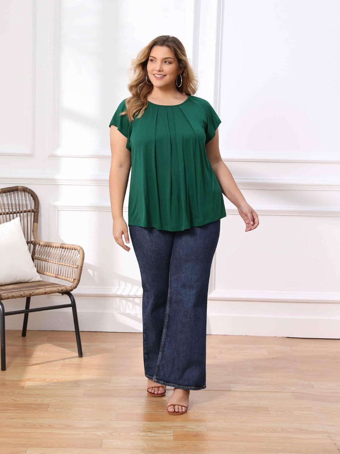 Plus Size Summer Blouse for Women Pleated Ruffle Sleeve Round Neck Dressy Loose Blouses Tops - Image 2
