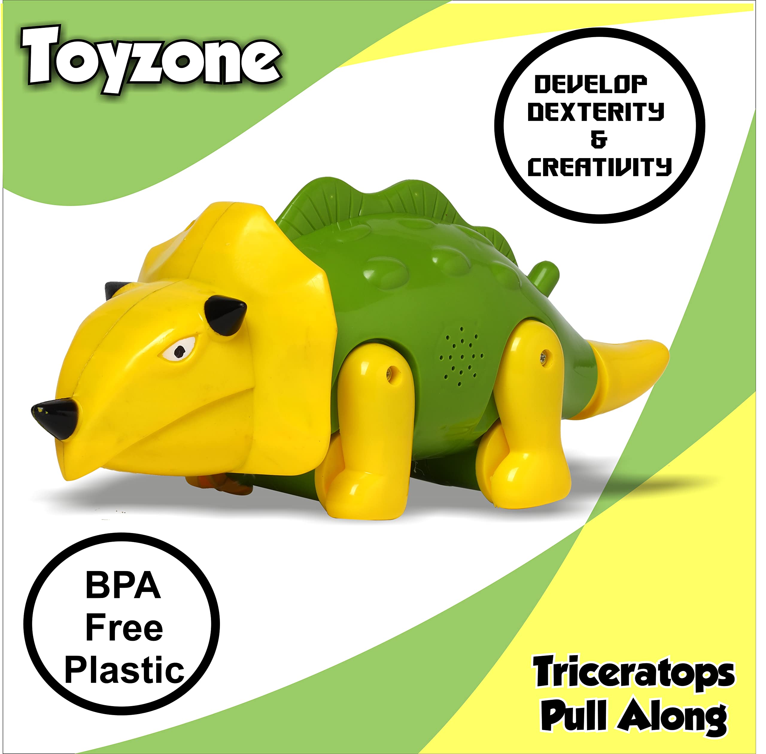 Toyzone Pull Along Triceratops Dinosaur | Plastic Pull Toy | Early Learning and Motor Skills Toys | Early Learning and Motor Skills Toy, 3Y+, Green & Yellow 1