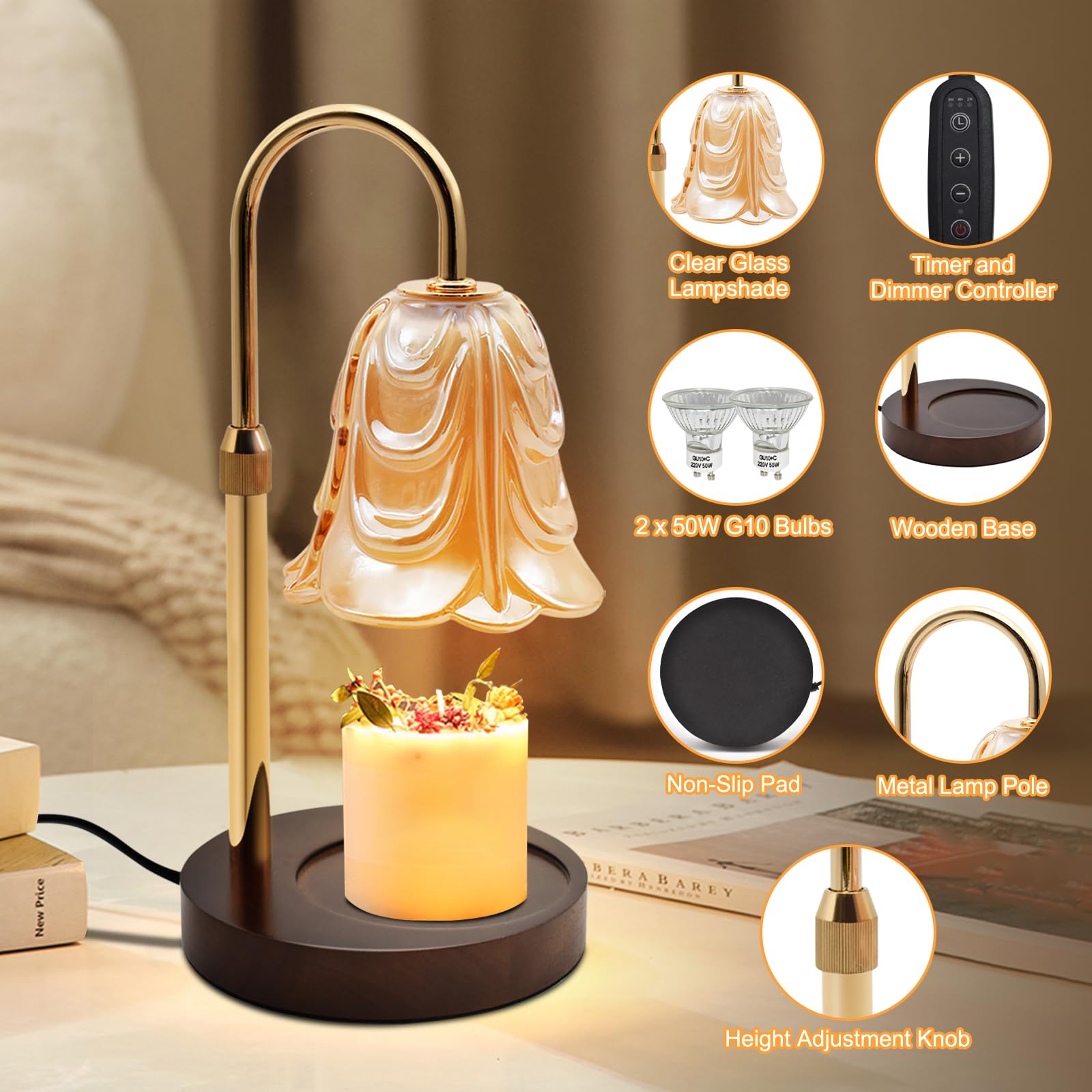 Lámpara Calentador de Velas con Temporizador y atenuador, Lampara Vela Eléctrica con 2 Bombillas, Altura Ajustable Lámpara Perfumada Calentador, Lampara Fusión Cera para Decoración Hogar