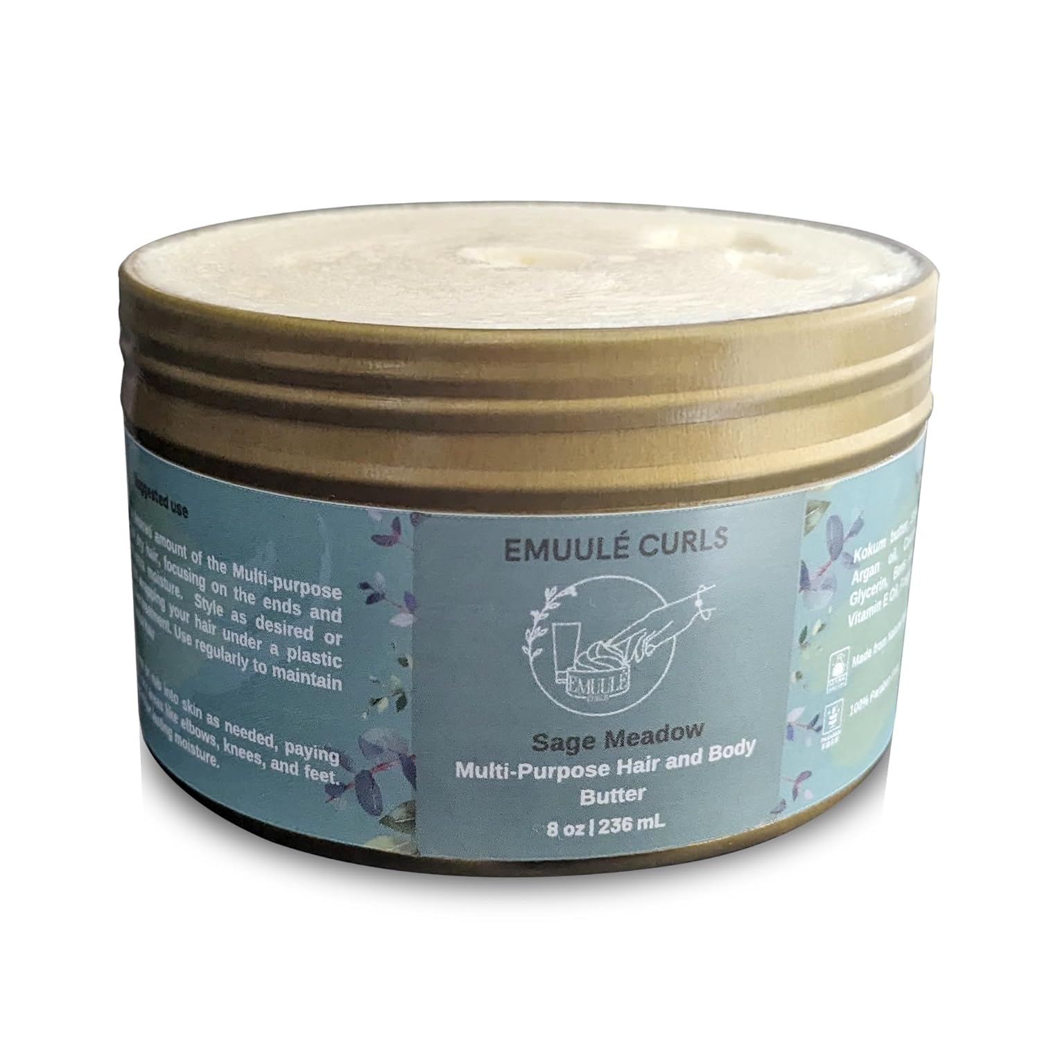 Multi-Purpose Hair & Body Butter, 8 oz, Deep Moisturizer with Kokum Butter, Shea Butter & Argan Oil, 100% Natural Ingredients, Sustainable Aluminum Jar, Sage Meadow Scent