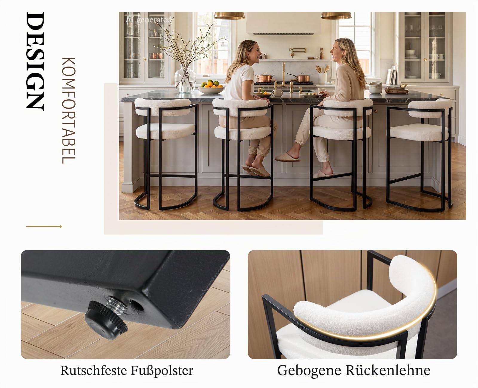 chairus Barhocker 2er Set mit Lehne Kunstfell bar Stool Tresenhocker Weiß | Modern Küchenhocker Frühstück, Barstuhl Gepolstert mit Metallbeinen, Bistrohocker für Esszimmer Bistro Küche Hausbar