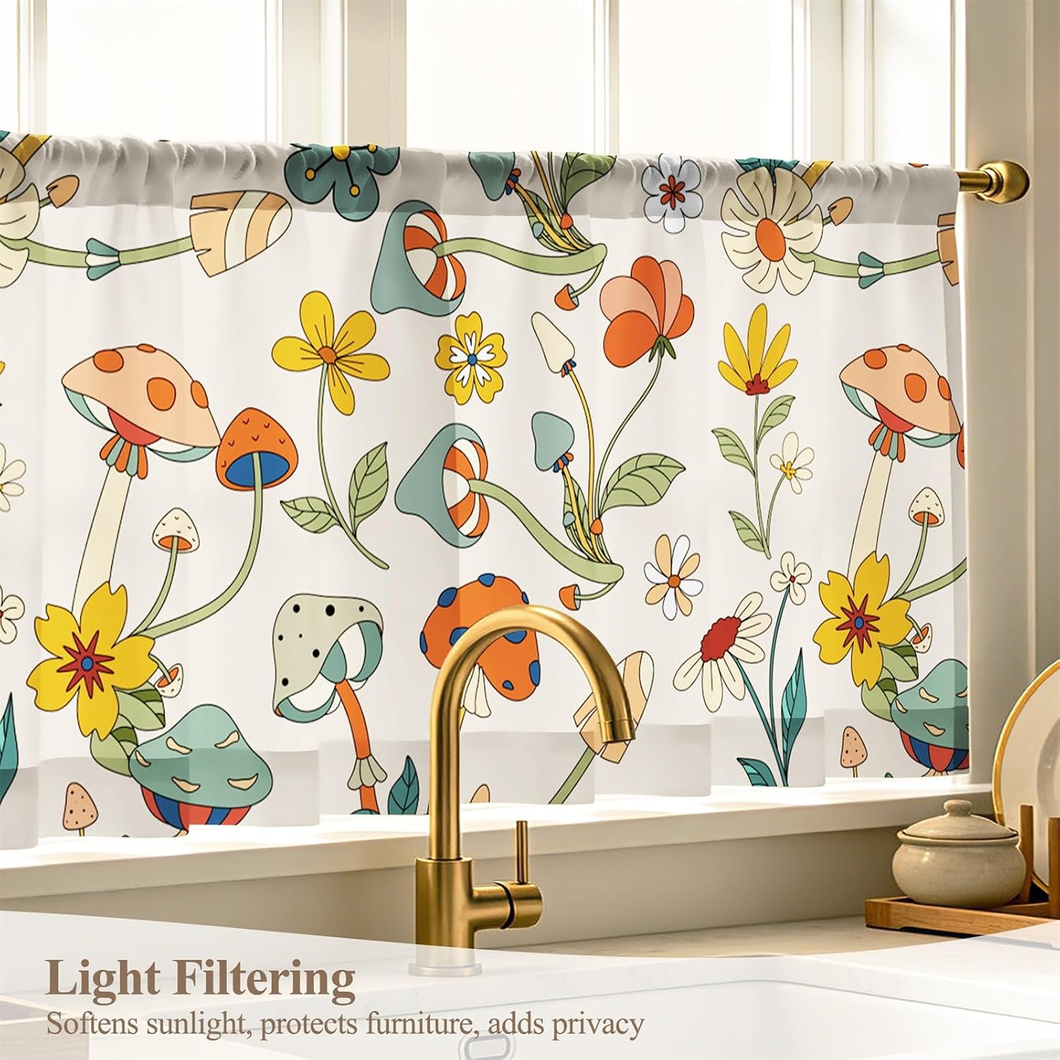 Renaiss 52 x 18 Inch Boho Mushroom Window Valance Bathroom Curtain Retro Funky Mushroom Flowers Window Treatment Hippie Vintage Floral Cafe Short Curtain Valance for Decor Rod Pocket Tab Window Drapes
