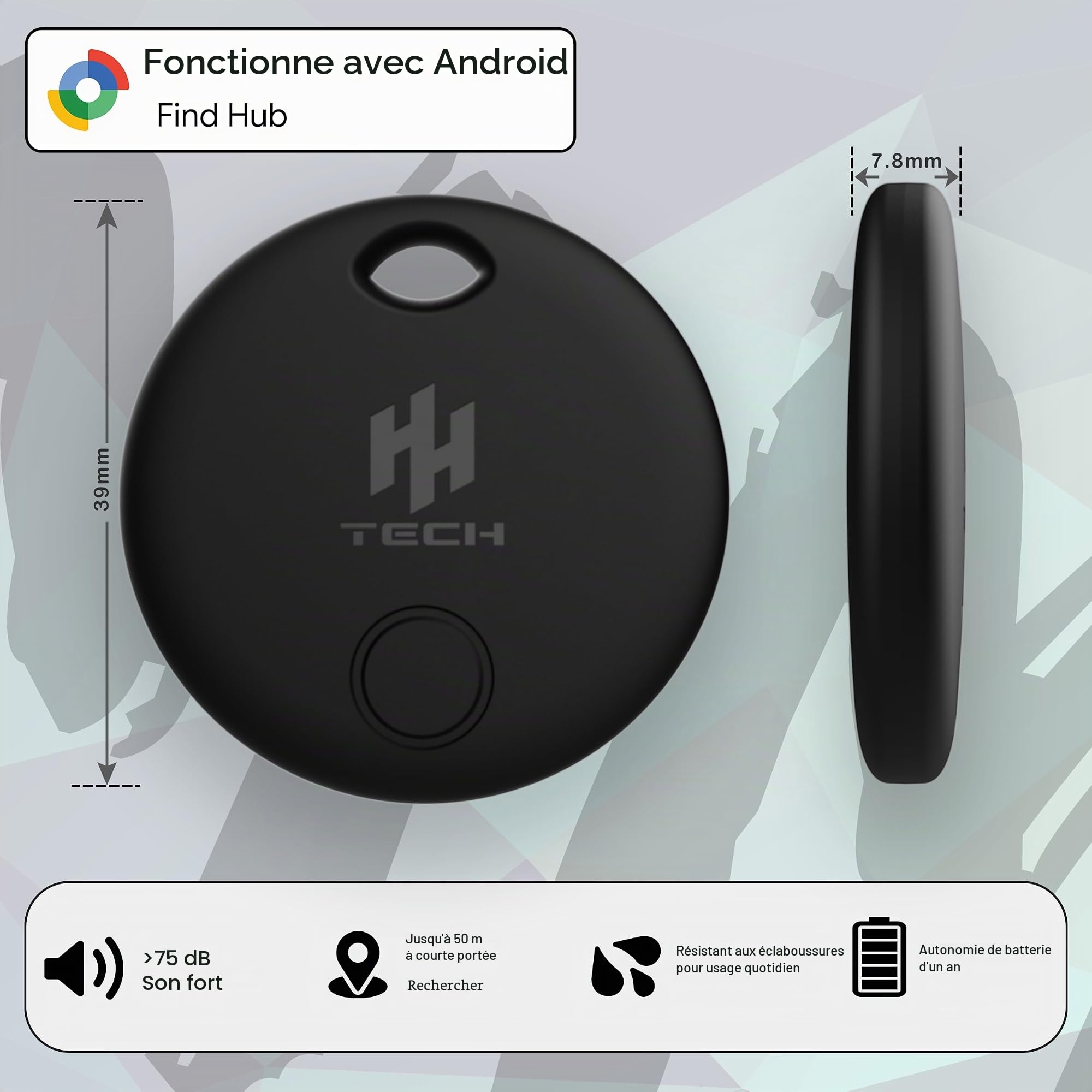 HH-Tech Lot de 4 étiquettes de suivi Android avec support de passeport gratuit, fonctionne avec Google Find Hub, Smart Tag Tracker, Key Finder, batterie remplaçable, sac de suivi, bagages, et plus
