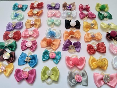 Miniatura 2 de 50 lazos para perros con bandas de goma, lazos para el pelo de mascotas, gatos, perros, cuentas de diamantes de imitación multicolor, lazos para